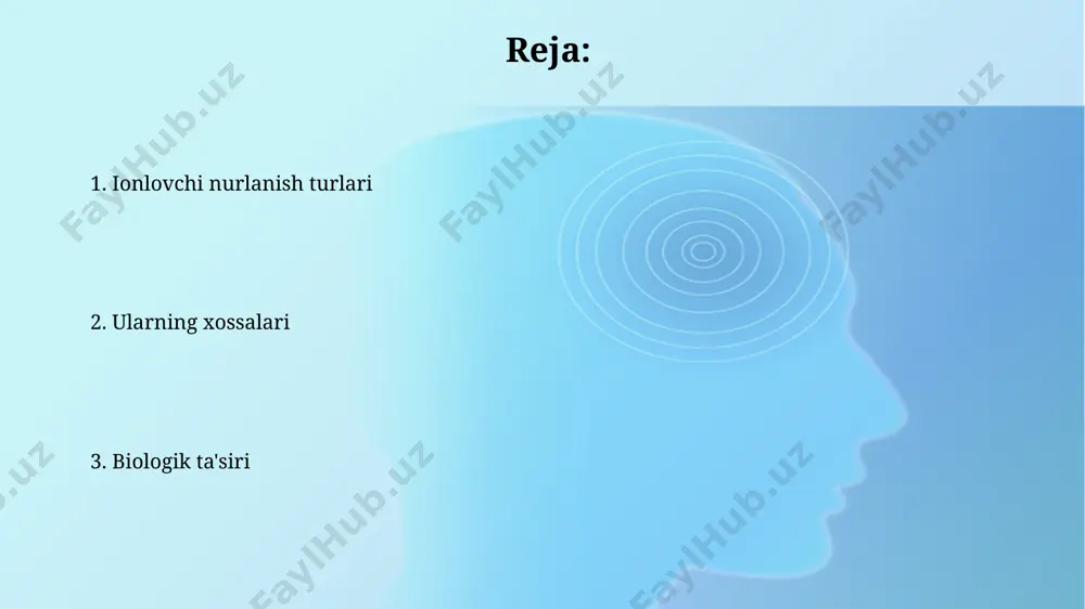 rlanish turlari neytron nurlanishi yadro reaksiyalari natijasida hosil bo'ladi va yuqori energiyali neytronlarning ionlashtiruvchi ta'siri protonlar va boshqa zaryadlangan zarralar hosil bo'lishi bilan bog'liq. ionlashtiruvchi nurlanishning asosiy turlari alfa, beta va gamma-nurlanishlar bo'lib, ularning ionlashtiruvchi qobiliyati va o'tish qobiliyati har xil, masalan, alfa-zarralar yuqori ionlashtiruvchi, ammo past o'tish qobiliyatiga ega. nurlanishning energiya darajasi nurlanishning energiya darajasi mev (megaelektronvolt) da o'lchanadi, bu gamma-nurlanish uchun 10 kev dan 10 mev gacha, alfa zarralari esa 4-10 mev oralig'ida bo'ladi. past energiyali nurlanish, masalan, 10 kev dan past energiyali rentgen nurlanishi, teri sirtiga ta'sir qiladi va chuqurroq kirib bormaydi, shuning uchun kamroq zarar yetkazadi. beta zarralari beta zarralari ionlashtiruvchi ta'sirga ega boʻlib, tirik organizmlarga zarar yetkazishi mumkin, bu ularning energiyasini to'qimalardagi atomlar bilan o'zaro ta'sirlashuvi orqali yo'qotishi bilan bog'liq. beta nurlanishining oʻtkazuvchanligi alfa nurlanishiga qaraganda yuqoriroq, lekin gamma nurlanishiga nisbatan ancha past boʻlib, bir necha millimetr qalinlikdagi alyuminiy qatlami bilan toʻsilishi mumkin. biologik ta'sir …