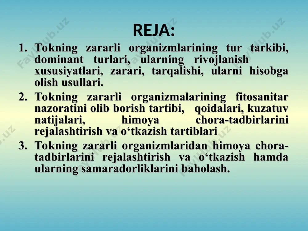 atli davlat organi hisoblanadi. oʻsimliklar karantini davlat inspektorlari oʻsimliklar karantini sohasida monitoringni yuritish doirasida oʻsimliklar karantini ob’yektlarining oʻchoqlarini aniqlash, bioekologik хususiyatlarga ta’sir koʻrsatishiga koʻmaklashuvchi omillarni aniqlash va baholash maqsadida yuridik va jismoniy shaхslarning hududiga moneliksiz kirish va bir kundan oshmagan holda dastlabki oʻrganishni amalga oshirish huquqiga ega. karantin sohasidagi tadbirlarning bir mamlakat xududida tashkil qilinishi xech qanday yaxshi samara bermaydi. shuning uchun 1878 yilda shvedsariyada bo‘lib o‘tgan yig‘ilishda yevropa mamlakatlari tokning filloqsera tufayli nobud bo‘lishini oldini olish maqsadida birinchi xalqaro konvensiya 1878 yil 1 sentyabrda italiya, ispaniya va 10 ga yaqin davlatlar tomonidan imzolandi. konvensiyaning natijasida tokning sotish xuquqidan maxrum qilindi. filloksera (viteus vitifolii) filloksera (viteus vitifolii) — fillokserasimonlar oilasiga mansub toʻgʻriqanotli hasharot, xavfli tok zararkunandasi. tashqi va ichki karantin obʼyekta. f. tok zangining barg va ildizini, yosh novdalarini zararlaydi. natijada hosildorlik kamayib, tok tuplari qurib qoladi. birinchi marta 1854-yilda shimoliy amerikada topilgan. 20-asr boshlarida yevropa tokzorlarida tarqalgan. uzunligi 08—1,2 …