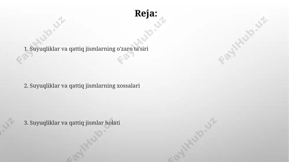 anadi va o'zaro almashinadi, bu ularning oqimliligiga olib keladi. suyuqliklarning o'rtacha zichligi qattiq jismlarga nisbatan biroz past bo'ladi, masalan, suvning zichligi 1 g/sm³, ko'pchilik metallarning zichligi esa 2 dan 10 g/sm³ gacha. suyuqliklarning fazaviy o'tishlari suyuqlikning qaynash harorati, moddaning molekulyar massasi va qutbliligi kabi omillarga, shuningdek, atrof-muhit bosimiga bog'liq. suyuqlikning qotishi jarayonida, kristall panjara hosil bo'lishi natijasida hajmi 9-11% ga qadar kamayishi mumkin, bu suv uchun xarakterli emas. suyuqliklarning tuzilishi va xususiyatlari suyuqliklarning yopishqoqligi, ya'ni oqishga qarshilik ko'rsatish xususiyati, temperaturaga bog'liq bo'lib, yuqori temperaturada yopishqoqlik kamayadi. masalan, 20°c da suvning yopishqoqligi 1 mpa·s ga teng. suyuqliklar sirt tarangligi deb ataluvchi xususiyatga ega bo'lib, bu ularning minimal sirt maydonini egallashga intilishidir. bu xususiyat, masalan, suv yuzasida 100 g gacha bo'lgan hasharotlarning suzishini ta'minlaydi. e'tiboringiz uchun rahmat @taqdimot_robot image3.png image4.jpg image5.jpg image6.jpg image7.jpg image8.jpg image9.jpg image10.jpg image1.png
