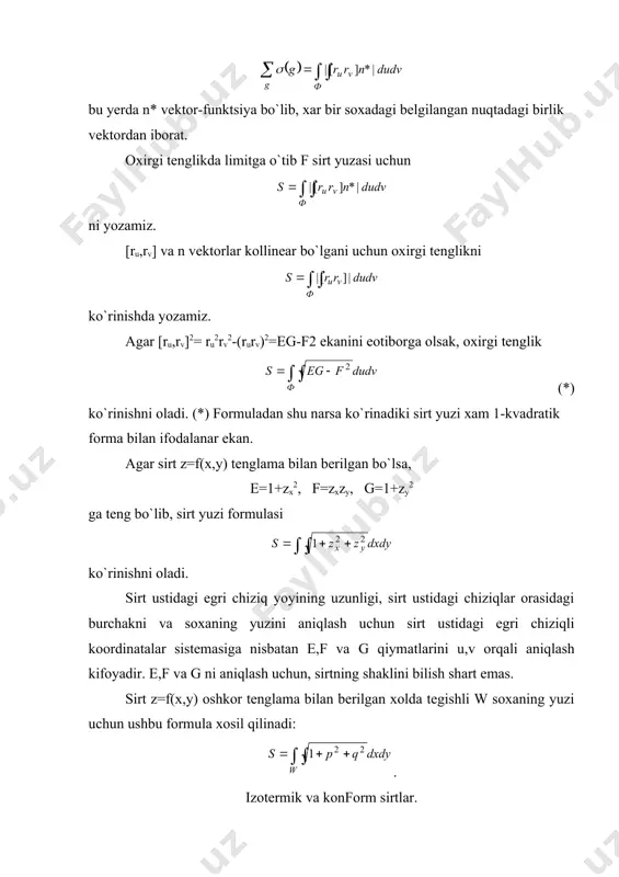 ikki s1 va s2 sirtning nuqtalari orasida shunday o`zaro bir qiymatli moslik o`rnatilsaki, bu sirtlardagi xar qanday ikkita mos egri chiziqning mos yoylari bir-birga teng bo`lsa, bu sirtlar orasida izotermik moslik o`rnatilgan deyilib, sirtlarning o`zlari xam o`zaro izotermik sirtlar deyiladi. s1 va s2 sirtlardan birini uzluksiz ravishda egib (deformatsiyalab), uni ikkinchi sirtga aylantirish mumkin bo`lsa, u xolda bu sirtlar orasidagi izomeriyani egilish (izgibanie) deb ataymiz. izometrik sirtlardagi mos chiziqlar (yoylar), burchaklar, yuzlar o`zaro teng edi. parametrlashi umumiy bo`lgan ikki sirt s1 va s2 orasidagi moslik natijasida tegishli chiziqlar orasidagi burchaklargina o`zaro teng bo`lsa, bunday moslik sirtlargning konform mosligi deyiladi. ikki sirt s1 va s2 konform mos bo`lishi uchun ularning chiziqli elementlari ds2 va ds12 proportsional bo`lishi zarur va yetarlidir, ya‘ni ds2=(2ds12 xaqiqatan, e1du2+2f1dudv+g1dv2=(2(u,v)(edu2+2fdudv+gdv2) yoki e1=(2e, f1=(2f, g1=(2g shartlar bajarilsa, u xolda bu sirtlar ustida yotgn ikki juft mos chiziqlar orasidagi tegishli burchaklar teng bo`ladi, chunki bu burchaklar uchun chiqarilgan соs(= …