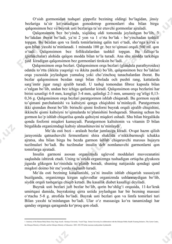 orqa va oraliq bo‘lakdan iborat. bu bez boshqa ichki sekretsiya bezlaridan ichki sekretor ta’sirining xilma-xilligi bilan ajralib turadi. gipofiz bezining massasi, o‘sib rivojlanib kelayotgan organizmning 2 davrida to‘g‘ri keladi. gippofiz bezining oldingi bo‘lagining somototrop gormoni bola organizmining o‘sishiga ta’sir etadi. gippofiz bezining shu gormon funksiyasi susayib qolsa, bolaning bo‘yi o‘smay qoladi. gippofiz bezi oldingi bo‘lagi funksiyasi bolaning yoshligidan susaysa gippofizar pakanalik kasalligiga olib kelsa, bu bez funksiyasining kuchayishi esa, bola bo‘yining meyordan ortiq o‘sib ketishiga, gigantizm kasalligiga olib keladi. o‘sish gormonidan tashqari gippofiz bezining oldingi bo‘lagidan, jinsiy bezlariga ta’sir ko‘rsatadigan gonodotrop gormonlarri shu bilan birga qalqonsimon bez va buyrak usti bezlariga ta’sir etuvchi gormonlar ajraladi. qalqonsimon bez bo‘yinda, xiqildoq oldi tomonida joylashgan bo‘lib, 3 bo‘lakdan iborat bo‘ladi, ya’ni 2 yon va 1 o‘rta bo‘lak - bo‘yinchadan tashkil topgan. bu bezdan qon va limfa tomirlarining qalin turi o‘tadi, sho‘nga ko‘ra u qon bilan yaxshi ta’minlanadi. 1 minutda 100 gr. bez to‘qimasi …