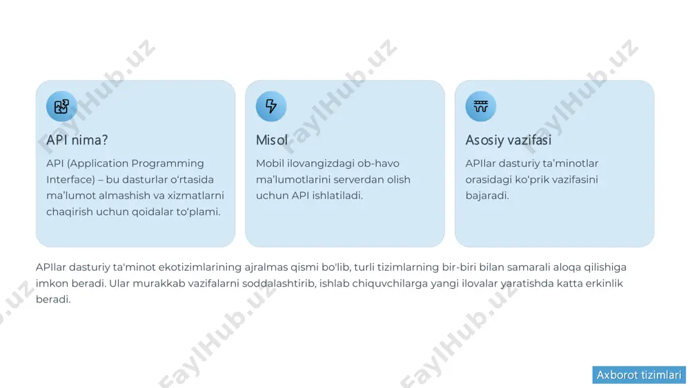 samarali siqadi. • ideal foydalanish: mikroservis arxitekturalari va real vaqtda oqimlar (real-time streaming) uchun ideal yechim. • keng foydalanuvchilar: google va boshqa yirik kompaniyalar tomonidan keng qo'llaniladi. grpc o'zining yuqori ishlashi va samaradorligi bilan ma'lumotlar intensiv ilovalar uchun ajoyib tanlovdir. axborot tizimlari api dizaynining ahamiyati tezroq ishlab chiqish yaxshi dizayn dasturlarni tezroq yaratishga yordam beradi. kam xatolik aniq va izchil dizayn xatolar sonini kamaytiradi. oson integratsiya boshqa tizimlar bilan muammosiz bog'lanishni ta'minlaydi. api dizayni – bu ikki tizim qanday muloqot qilishi qoidalarini belgilash demakdir. sifatli api dizayni dasturchilar uchun qulaylik yaratadi va api tezroq qabul qilinishiga zamin hozirlaydi. axborot tizimlari api dizaynining asosiy prinsiplari (1-qism) konsistentlik endpointlar, nomlar va javoblar bir xil uslubda bo‘lishi kerak. bu dasturchilar uchun tushunarli va bashoratli bo'lishini ta'minlaydi. statelesslik har bir so‘rov o‘z-o‘zidan to‘liq bo‘lishi, serverda holat saqlanmasligi kerak. bu api masshtabliligi va mustahkamligini oshiradi. resursga yo‘naltirilgan dizayn har bir obyekt url orqali aniq ko‘rsatiladi …