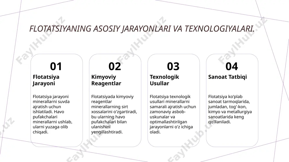 hning muhimligi. 1 suv tozaligining ahamiyati aylanma suv tozaligi sanoat jarayonlarida energiya va resurslarni tejash imkonini beradi. toza suv sifatni oshiradi va chiqindilarni kamaytiradi. 2 sifatli mahsulotlar tozalangan suvdan foydalanish yuqori sifatli sanoat mahsulotlarini ishlab chiqarishga yordam beradi. bu jarayonlar samaradorligini oshirib, chiqindilarni kamaytiradi. 3 ekologik himoya suv tozaligi atrof-muhitni himoya qilishda muhim o‘rin tutadi. u chiqindi suvlarning zararli ta'sirini kamaytirib, ekologik barqarorlikni ta'minlaydi. 4 resurslarni tejash toza aylanma suvdan foydalanish tabiiy resurslarni tejashga imkon beradi. bu resurslarni samarali boshqarish va ularning uzoq muddatli saqlanishini ta’minlaydi. suvni tozalash usullari: kimyoviy va mexanik yondashuvlar. 01 kimyoviy tozalash kimyoviy tozalashda koagulantlar va flokulantlar yordamida suvdan ifloslantiruvchi moddalar ajratiladi. bu usul samarali va ko'pincha sanoatda qo'llaniladi. 02 mexanik filtrlash mexanik filtrlash suvdagi qattiq zarralarni tozalash uchun qum, shag'al yoki membranalar orqali amalga oshiriladi. bu usul oddiy va arzon. 03 kombinatsiya yondashuvi kimyoviy va mexanik usullar birgalikda qo'llanilib, suvni yanada samarali tozalash imkonini beradi. …