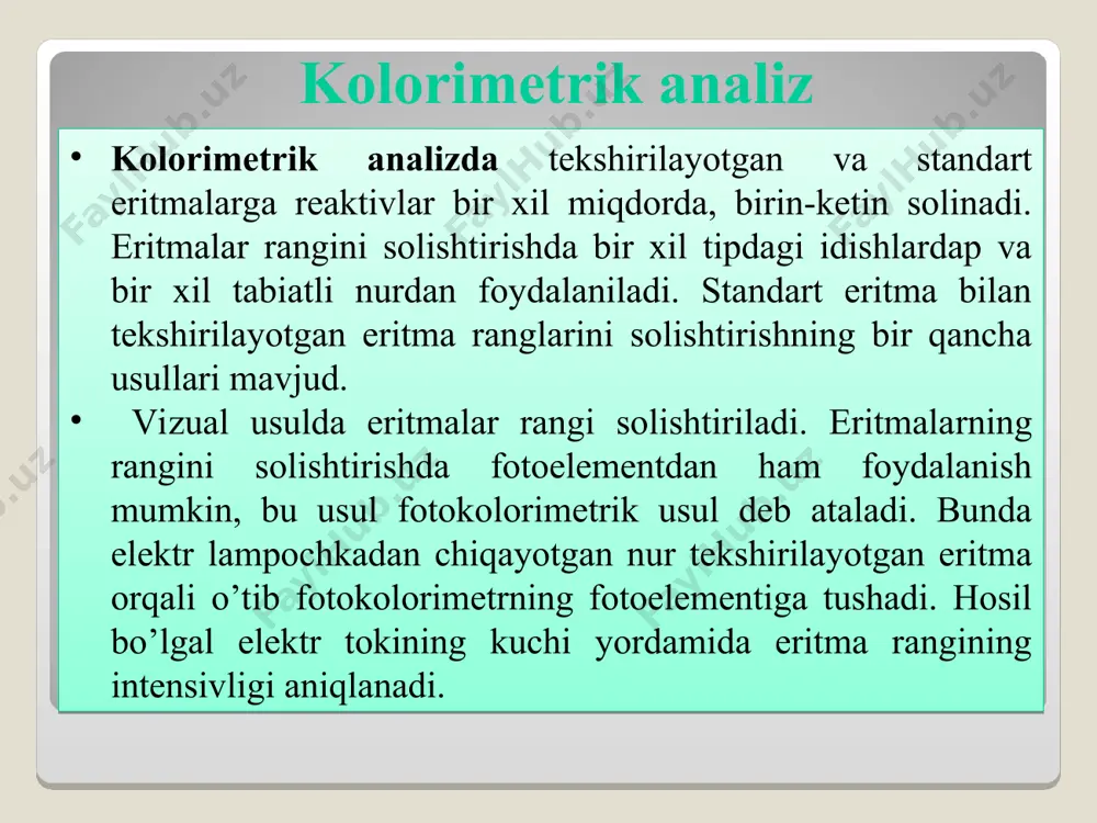 masalan, hajmi 50 ml bo’lgan eritmada permanganat anioni mno4- holida bo’lgan 0,00005 g marganesni aniqlash mumkin. katta miqdordagi biror ionlarni aniqlashda tortma yoki titrimetrik analizdan foydalanilsa aniq natija olish mumkin. hozirgi vaqtda kolorimetrik aniqlash usullarining soni kundan- kunga ortib bormoqda, chunki bu usuldan foydalanilganda kam vaqt sarflab aniq natija olinadi, analizni bajarish usulikasi qulay, bundan tashqari, kolorimetriyada asocan xususiy reaksiyalardan foydalaniladi. kolorimetrik usuldan tuproq, o’simliklardan olingan namunalar, rudalar, qotishmalar, kimyoviy reaktivlar tarkibidagi ba’zi elementlarning mikromiqdorlarini aniqlashda keng foydalaniladi. eritmalar ranglarining intensivligini solishtirishda asosan vizual va fotoelektrokolorimetrik usullardan foydalaniladi. fotometriya usuli tekshirilayotgan modda tomonidan to’lqin uzunligi qat’iy aniq biror songa teng bo’lmagan nurlarning yutilishpga asoslangan. turli moddalar o’z tabiatiga qarab spektrning har xil sohalarida maksimal nur yutish xususiyatiga ega. masalan, ul`trabinafsha sohada (to’lqin uzunligi λ=200—380nm) ko’zga ko’rinadigan sohada (λ=380—760 nm) va infraqizil sohada (λ=760—2,5nm) tekshiriladi. moddaning tabiatiga qarab eritma rangining intensivligini aniqlashni ultirabinafsha, ko’rinadigan va infraqizil sohalaridan birida o’tkaziladi. bunday o’lchashlarni …