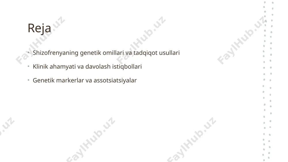 natijalar tadqiqotlar ko'rsatmoqda, shizofreniyaga bog'liq genetik markerlar, masalan, comt va bdnf, kasallikning rivojlanishini va bemorlarning klinik holatini belgilaydi. kengaytirilgan yondashuvlar shizofreniya tadqiqotlarida multi-omilli yondashuvlar, masalan, genomik va epigenomik tahlil, genetik va muhit omillarini birgalikda o'rganishga imkon beradi. shizofreniyaning klinik ahamiyati: genetik omillar va tashxis jarayoni. 1 genetik omillar shizofreniyaning genetik omillari, kasallikning rivojlanishida muhim rol o'ynaydi. ota-onalardan meros bo'lib o'tadigan genlar, muayyan xavf faktorlarini oshiradi. 2 tashxis jarayoni shizofreniyani aniqlash jarayoni, genetik testlar bilan to'ldirilishi mumkin. bu, bemorlarning holatini tushunishga yordam beradi va to'g'ri davolanishni ta'minlaydi. 3 klinik ahamiyati genetik omillarni tushunish, shizofreniyaning klinik ahamiyatini oshiradi. bu, bemorlar uchun individual davolash yondashuvlarini ishlab chiqishga imkon beradi. 4 o'zaro bog'liqlik genetik va ekologik omillar o'rtasidagi o'zaro bog'liqlik, shizofreniyaning rivojlanishiga ta'sir qiladi. ularning birgalikdagi ta'siri kasallikning murakkabligini anglatadi. davolash istiqbollari: genetik tadqiqotlarning klinik qo'llanilishi. 1 genetik tahlillar - genetik tahlillar shizofreniya kasalligida risk omillarini aniqlashda muhim rol o'ynaydi, bu esa davolash strategiyalarini …