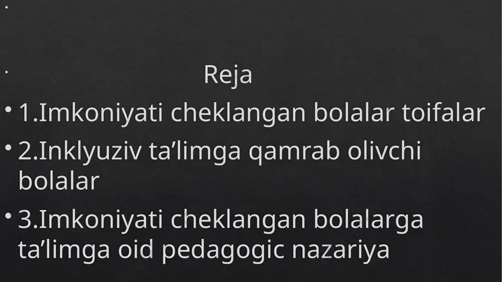 ta’lim–aqliy va jismoniy rivojlanishlarida muammolari bo‘lgan bolalarni umumta’lim jarayoniga olib kirish ma’nosida qo‘llanib, integratsiyadan farqli ravishda «bola huquqlari to‘g‘risida»gi konvensiyaga muvofiq tarzda barcha bolalarning ta’lim olishdagi huquqlarini ta’minlashga qaratilgan. barcha bolalarning birgalikda ta’limlari ularning har biriga individuallashtirilgan ta’lim asosida amalga oshiriladi. ya’ni u yoki bu jihatdan rivojlanishlarida muammolari bo‘lgan bolalar barcha sog‘lom bolalar bilan birgalikda ta’lim olsalarda, ular o‘z imkoniyatlari doirasidagi bilim, ko‘nikma va malakalar bilan qurollanadilar. barcha bolalarning hamkorlikdagi ta’lim ikki tomonlama ijobiy xislatlarga ega. agar, ushbu jarayon orqali alohida e’tiborga muhtoj bo‘lgan bolalarning o‘z oilalari, mahalladoshlari bilan birga o‘sib ulg‘ayishlari ta’minlansa, sog‘lom bolalarning rivojlanishlarida muammolari bo‘lgan bolalarning imkoniyatlarini ko‘rib, ular ham nuqsonli emas, balki o‘zgacha rivojlanishga ega bo‘lgan bolalar ekanliklarini anglashlari sodir bo‘ladi. shu sababli ham bunday ta’limning g‘oyasi - «inklyuziv maktablardan – inklyuziv jamiyat sari» shiori asosiga qurilgan. kimlarni inklyuziv ta’lim bilan qamrab olish lozim? barcha bolalarni. bizning modelimizda esa, barcha bolalarni, agar u og‘ir muammoga ega …