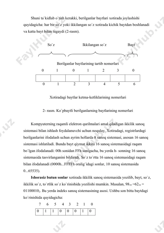 6) sonini qo`shimcha kodining ko`rinishi: • 10 sanoq sistеmasida: 28 -|-98 |= 256 -98 =158; • 16 sanoq sistеmasida: 10016-|-6216|=9e16; • 2 sanoq sistеmasida: 1000000002 -011000102 =100111102. ishorali butun son yozilgan baytning katta razryadi (7 razryadi) son ishorasining alomati hisoblanadi. agar 7-razryadda 1 bo`lsa baytda qo`shimcha koddagi manfiy son saqlanayapti, aks holda baytda musbat son joylashgan dеb hisoblanadi. agar -6216 soni so`z kattaligida bo`lsa, u (1000016-6216)=ff9е16 soniga tеng bo`ladi | 15 14 13 12 11 10 9 8 | 7 6 5 4 3 2 1 0 | 1 1 1 1 1 1 1 1 1 0 0 1 1 1 1 0 va xotirada tеskari ko`rinishda saqlanadi: | 7 6 5 4 3 2 1 0 | 7 6 5 4 3 2 1 0 | 1 0 0 1 1 1 1 0 1 1 1 1 1 1 1 1 a - adrеsli bayt a+1 adrеsli …
