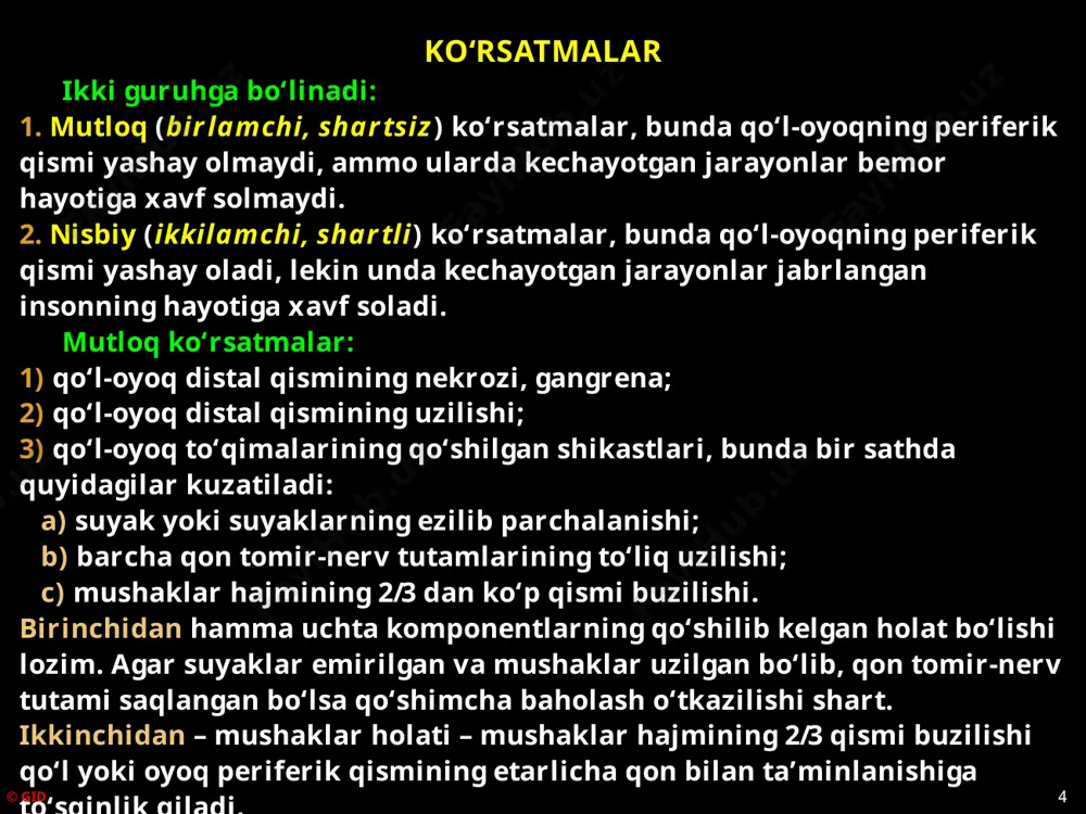 ikki lahzali amputatsiya – toʻqimalarni ikki lahzada kesish: - teri, teri osti kletchatkasi, fassiyalar; - qisqargan teri sathida barcha muskullar kesiladi. ikki lahzali amputatsiya: uzunligi baravar yoki turli hajmda uch lahzali amputatsiya, n.i.pirogov boʻyicha (konussimon-aylana). “manjetka” koʻrinishidagi amputatsiya – bilakning pastki 1/3 qismida. choʻltoqni berkitish uchun toʻqimalarning «zaxirasi» (nuqsonli choʻltoq oldi olinishi) boʻlishi kerak. © gid 11 amputatsiya va ekzartikulyatsiya tasnifi lahtakli amputatsiya texnikasi – tilsimon lahtaklar hosil qilinib kesiladi, ular yordamida jarohat yuzasi berkitiladi. bir- va ikki lahtakli amputatsiyalar. bir va ikki lahzali amputatsiyalarda kesib olinayotgan lahtaklar uzunligini hisoblab olish juda muhim. hisoblash uchun aylana uzunligini oʻlchash formulasidan foydalaniladi: l=2πr, bu yerda: l – aylana uzunligi; π – 3,14 ga teng boʻlgan doimiy qiymat; r – aylana radiyusi. lahtaklar hajmini aniqlash. bir lahtakli amputatsiyada qoʻl-oyoq diametrining 1/3. ikki lahtakli amputatsiyada qoʻl-oyoq diametrining 1/6 + teri qisqarishi. © gid 12 amputatsiya va ekzartikulyatsiya tasnifi choʻltoqni shakllantirish usullari teri-fassial usul (teri, …