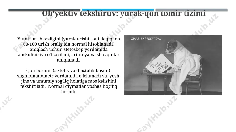 ida limfa tugunlari soni (bir nechta yoki ko'p sonli), joylashuvi (masalan, servikal, aksiller, inguinal) va ularning bir-biriga yopishib qolganligi aniqlanadi. ob'yektiv tekshiruvda limfa tugunlarini palpatsiya qilishda ularning kattaligi (masalan, 1 sm dan katta), mustahkamligi (yumshoq, elastik yoki qattiq) va harakatchanligi (harakatlanuvchi yoki harakatsiz) baholanadi. ob’yektiv tekshiruv: nafas olish tizimi ko'krak qafasi perkussiyasi paytida o'pkaning tovushliligi o'zgarishi (gipo-, hiper- yoki to'mtoqlik) o'pka to'qimalarining holati, masalan, atelaktaz yoki plevral effuziya haqida ma'lumot beradi. bu 5 ta perkussiya nuqtasida aniqlanadi. auskultatsiya jarayonida o'pka nafas olishi susayishi, xirillash, xırıltı yoki krepitatsiya kabi patologik nafas olishlarni aniqlash mumkin. ularning turi va joylashuvi kasallikning tabiatini ko'rsatadi. ob’yektiv tekshiruv: harakat-tayanch tizimi ob’yektiv tekshiruv jarayonida bemorning harakat-tayanch tizimini baholayotganda, 5 balldan iborat shkala bo‘yicha mushak kuchini aniqlash, ya’ni 0 dan 5 gacha bo‘lgan ballar bilan baholash muhim hisoblanadi. qo‘l va oyoqlarning harakatlari amplitudasini tekshirishda goniometr yordamida harakatlarning burchak darajasini (masalan, tizza bo‘g‘imining fleksiyasi va ekstensiyasi) 0-180 daraja oralig‘ida …