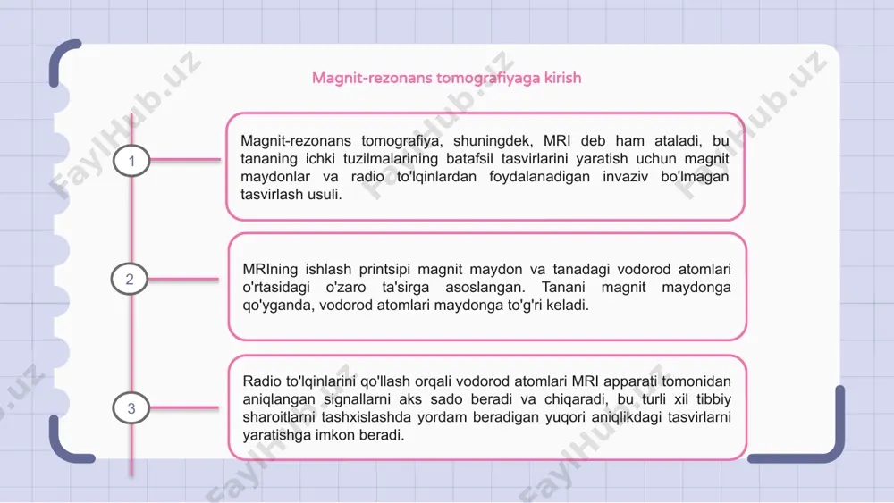 rolarini tekislaydi, bu tasvirlarni yaratish uchun ishlatiladigan signalni yaratish uchun radiochastota impulslarini qo'llash imkonini beradi. magnit-rezonans tomografiyaning tuzilishi va ishlash printsipini tushunish tibbiyot mutaxassislari uchun ishlab chiqarilgan tasvirlarni sharhlash va bemorlarga aniq tashxis qo'yish uchun juda muhimdir. 1 2 3 mrida radiochastota impulslarini yaratish magnit-rezonans tomografiya tanadagi vodorod atomlarini qo'zg'atish uchun radiochastota impulslaridan foydalanish printsipi asosida ishlaydi, bu mri apparati tomonidan aniqlanadigan signal hosil qiladi. radiochastota impulslari mri apparati ichidagi maxsus bobinlar tomonidan ishlab chiqariladi, ular tanadagi vodorod atomlarini boshqarish uchun ma'lum chastotalarda boshqariladigan energiya portlashlarini chiqaradi. bu jarayon mri apparatiga hayajonlangan vodorod atomlari chiqaradigan signallar asosida tananing ichki tuzilmalarining batafsil tasvirlarini yaratish imkonini beradi, bu esa tibbiyot mutaxassislari uchun qimmatli diagnostika ma’lumotlarini beradi. magnit-rezonans tomografiyada tasvirni olish magnit-rezonans tomografiya tananing ichki tuzilmalarining batafsil tasvirlarini yaratish uchun kuchli magnit maydon va radio to'lqinlardan foydalanadi. mrida tasvirni olish turli xil impulslar ketma-ketligi va parametrlari yordamida turli xil to'qimalarni skanerlashni o'z ichiga …