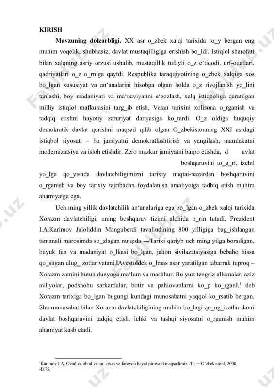 n.polvonovning ―xorazmdagi ijtimoiy-siyosiy jarayonlar va harakatlar‖ asarida, asosan, xiva xonligidagi jadid harakatiga, uning asosida tashkil topgan ta‘lim tizimiga qaratiladi. s.hasanovning ―xorazm ma‘naviyati darg‗alari‖ nomli asarida esa xorazmda etishib chiqqan allomalar va ularning fan sohasiga qanday yangiliklar qo‗shganligi keltirib o‗tiladi. a.abdurasulovning ―xiva‖ asarida xiva xonligidagi ichki siyosat masalalari, jumladan, madrasalar qatori, ulardagi ta‘lim tizimi, adabiy muhit yoritib berilgan. xususan, ta‘lim tizimiga oid quyidagi ma‘lumotni uchratishimiz mumkin: ―xivadagi rus-tuzem maktabiniig asosiy maqsadi mahalliy millat bolalariga rus tilini o‗rgatib, mahalliy tarjimonlar tayyorlashdan iborat edn. chunki hali honlikda rus tilida ish yuritish, kelgan maktublarni o‗qish va tarjima qilish, nomalar bitish sohasida qiyinchiliklar tug‗ilayotgan edi. holbuki, petro aleksandrovsk (hozirgi to‗rtko‗l) shahrida ochilgan rus-tuzem maktabini bu davrda bir qancha xivalik yoshlar, jumladan, asfandiyor to‗ra, muhammad 2qo‘shjоnоv о., pоlvоnоv n. хоrаzmdаgi ijtimоiy-siyosiy jаrаyonlаr vа hаrаkаtlаr. -t.: 2007. 3hаsаnоv s. хоrаzm mа`nаviyati dаrg‘аlаri. -t.: 2001. 4аbdurаsulоv а. хivа.-t.: 1997. 5bоbоjоnоv d., аbdurаsulоv m. firdаvsmоnаnd shаhаr.- хivа, 2008. 6munirоv …