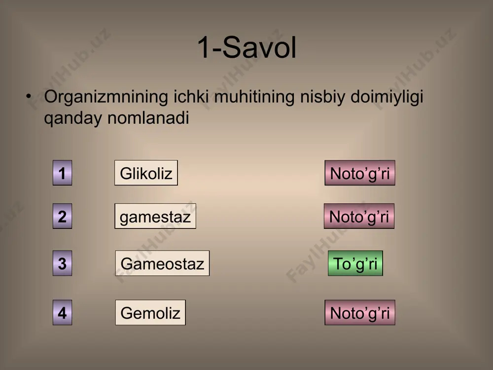 90-92 % ini suv tashkil qiladi. 5.davolash maqsadida qo’llaniladi 6. qonning quyuq va rangli qismi to’g’ri javob 5-savol qonning ivishi jarayonini ketma-ketligi aniqlang. a.trombin hosil bo’lishi b. trombotsitlarning bir joyga to’planishi v. oqsilli fibrin tolachalarining hosil bo’lishi. g. trombinning fibrinogenga aylanishi d.qalsiy tuzlaridan, plazmadagi ferment va protrombindan iborat tromboplastga aylanishi 1 2 3 4 5 to’g’ri javob 1-savol eritrotsitlar suyak ko’migida hosil bo’ladi, yetilmagan yosh eritrotsitlarda boshqa hujayralardagi singari yadro bo’ladi. ular o'rtasi ozroq botiq, yumaloq shaklga ega. 1 mm3 qonda 4—6 million, o'rtacha 5 million dona eritrotsit bo'ladieritrotsitlar suyak ko'migida hosil bo'lib, qonga o'tgandan so'ng o'rtacha 120 kun yashaydi. so'ngra ular jigarda va taloqda parchalanadi. parchalangan eritrotsitlardan ajralgan temir moddasi suyak ko'migida yosh eritrotsitlar hosil bo'lislii uchun sarflanadi. parchalangan eritrotsit- larning gemoglobini tarkibidagi gem moddasi jigarda bilirubin moddasiga aylanib, o't suyuqligi hosil bo'lishi uchun sarflanadi. eritrotsitlarga hos hususiyatlarni ayting. tekshirish 2-savol leykotsitlar yadroli qon hujayralari bo'lib, ular granulotsitlar (donador) …