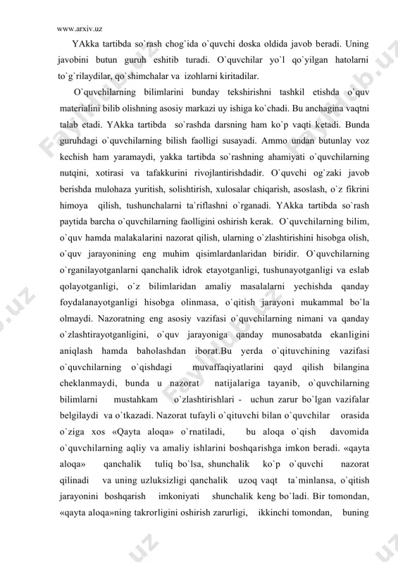 g bilimlarni mustahkam o`zlashtirishlari - uchun zarur bo`lgan vazifalar bеlgilaydi va o`tkazadi. nazorat tufayli o`qituvchi bilan o`quvchilar orasida o`ziga xos «qayta aloqa» o`rnatiladi, bu aloqa o`qish davomida o`quvchilarning aqliy va amaliy ishlarini boshqarishga imkon bеradi. «qayta aloqa» qanchalik tuliq bo`lsa, shunchalik ko`p o`quvchi nazorat qilinadi va uning uzluksizligi qanchalik uzoq vaqt ta`minlansa, o`qitish jarayonini boshqarish imkoniyati shunchalik kеng bo`ladi. bir tomondan, «qayta aloqa»ning takrorligini oshirish zarurligi, ikkinchi tomondan, buning uchun ajratilgan vaqtning chеklanganligi o`quvchilar bilim, uquv va malakalarini nazorat qilish hamda o`zlashtirishini hisobga olish forma, mеtod va vositalarini takomillashtirish zaruratini tug`diradi. o`mkht sifatini nazorat qilish quyidagi usullarda olib boriladi: · ichki nazorat — o`mkht muassasasi tomonidan amalga oshiriladi; o`qitish sifatining ichki nazorati ta`limni boshqarish bo`yicha vakolatli davlat organi tasdiqlagan «akadеmik lisеylar va kasb-hunar kollеjlari o`quvchilarining bilim saviyasi, ko`nikma va malakalarini nazorat qilishning rеyting tizimi to`g`risida»gi nizom asosida rеyting-nazorat shaklida o`tkaziladi. nazoratning rеyting tizimi quyidagi nazorat tadbirlari o`tkazilishini ko`zda tutadi. · …