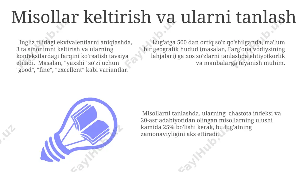 hlatilishiga oid misol jumlalar bilan boyitilishi lozim. lug'at yozuvlarida so'zning talaffuzi (masalan, ipa transkripsiyasi yordamida), etimologiyasi (kelib chiqishi, 18-asr o'zbek adabiyotidan misol) va grammatik ma'lumotlari (ot, sifat, fe'l kabi) aniq ko'rsatilishi kerak. lug'at yozuvlarini tuzishda xalqaro standartlarga (iso 639-3 kabi), shuningdek, o'zbekiston milliy ensiklopediyasi talablariga rioya qilish, 2024 yil nashrlari uchun muhim ahamiyat kasb etadi. lug'at yozuvini yaratish jarayoni lug'at yozuvini yaratishda 50 dan ortiq til mutaxassislari toshkentdagi “ilm” nashriyot uyi bilan hamkorlikda ishtirok etib, 10 mingdan ziyod so'zga izohlar yozadilar. o'zbek tilining imlo qoidalari, grammatikasi va lug'aviy boyligi hisobga olinib, har bir yozuvga 2-3 ta sinonim va antonimlar qo'shilib, 200 ga yaqin misol jumla keltiriladi. lug'at yozuvini yaratish jarayoni 3 bosqichdan iborat bo'lib, har bir bosqichda 7-10 nafar muharrir va tahrirchi tomonidan samarqand va buxoro shaharlarida sifatli nazoratdan o'tkaziladi. ma'no va ma'nolarni aniqlash "ma'no va ma'nolarni aniqlash" jarayoni lug'at tuzishda 5 bosqichdan iborat bo'lib, har bir bosqichda kamida 10 …