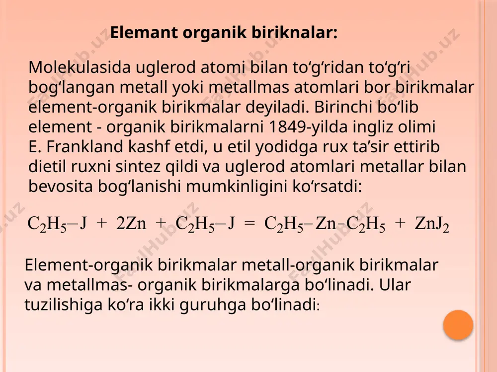 adi. dialkildixlorsilanlarning gidrolizlanishidan hosil bo‘lgan silandiollar polikondensatlanib, polimer xarakteridagi polisilaksanlarga o‘tadi: kremniy-organik polimerlar bir qator qimmatli xususiyatlarga ega. ular issiqqa chidamli, yonmaydi, sovuqda qotmaydi, suvni shimmaydi, organik erituvchilarda erimaydi, agressiv suyuqliklar ta’siriga barqaror birikmalardir. kremniy-organik birikmalarning silatranlar sinfi keng doirali, o‘ziga xos biologik faollikka egaligi bilan qishloq xo‘jaligida katta ahamiyatga ega. fosfor va mishyak davriy sistemaning beshinchi gruppa elementlari bo‘lib, azot analoglaridir. bu elementlarning organik hosilalari o‘rtasida ham qisman o‘xshashlik kuzatiladi. bu ayniqsa ularning tuzilishlari o‘xshashligida namoyon bo‘ladi. kimyoviy xossalari jihatidan o‘xshashligi shundaki, fosfinlar asos xossasiga ega, ular aminlar kabi kislotalar bilan tuz hosil qiladi: fosfor va mishyakli organik birikmalar birlamchi va ikkilamchi fosfinlar oksidlanib, tegishli alkil va dialkil fosfin kislotalarni hosil qiladi. a. e. arbuzov birinchi marta uchlamchi alkilfosfatga galoid alkil ta’sir ettirib, alkilfosfin kislota efirini sintez qildi (arbuzov reaksiyasi). mishyak ham xuddi fosfor kabi tuzilishga ega birikmalar hosil qiladi. fosfor va mishyakning organik birikmalari orasida kuchli biologik faol …