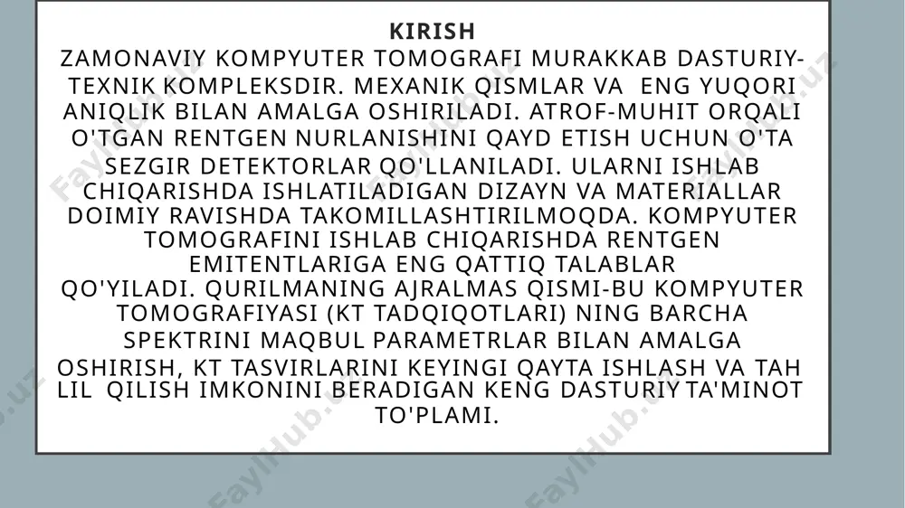 atematik algoritmlar asosida qurilgan maxsus tibbiy dasturiy ta'minot dastlab rentgen trubkasi tomonidan chiqarilgan nurlar nurlarini qabul qiluvchiga etib kelgan nurlar nurlari bilan taqqoslaydi. tananing turli to'qimalari turli miqdorda nurlarni o'zlashtiradi, bu ma'lumotlar ktning "miyalari" ga kiritilgan. dasturiy ta'minot olingan ma'lumotlarni tahlil qiladi va tekshirilayotgan tana qismining uch o'lchovli rasmini yaratadi, u ixtisoslashtirilgan tibbiy monitorda ko'rsatiladi, keyinroq olingan tasvir maxsus plyonkada chop etiladi va shifokorlar tomonidan negatoskopda ko'riladi. zamonaviy kompyuter tomografi yordamida olib borilgan tadqiqotlar quyidagilarni aniqlashga imkon beradi: o'simta mavjudligi; metastatik o'choqlar; suyak halokatlari; ichki organlarning xo'ppozlari; nekroz o'choqlari; qon tomir anomaliyalari; miya va bosh suyagidagi o'zgarishlar; ichki organlarning yallig'lanish kasalliklari. kt apparatining asosiy qisimlari va xarakteristiki asosiy funktsiyalar: metall buyumlardan artefaktlarni bostirish texnologiyasi (mar) ultra yuqori aniqlikdagi displey, kv tanlash: 70, 80, 100, 120, 140 kv avtomatlashtirilgan ish jarayoni generatori generatori kompyuter tomografining rentgen naychasi blokiga doimiy yuqori kuchlanishni ta'minlaydigan zamonaviy past kuchlanishli slipring texnologiyasidan foydalanadi. generatori quvvati 28 …