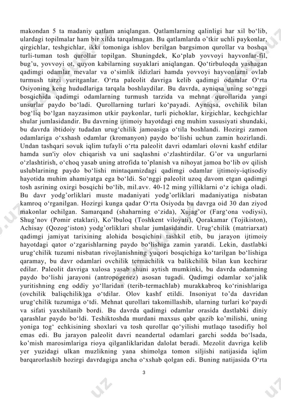 tishlari va yelka suyaklaridir. fanda «farg‘ona odami»-«fergantrop» deb nomlangan bu qazilma odam qoldiqlari eng qadimgi odam haqidagi tasavvurlarimizni yanada kengaytirish bilan birga o‘rta osiyo, xususan o‘zbekistonning insoniyat paydo bo‘lib rivojlangan o‘choqlardan biri ekanligini uzil-kesil isbotlaydi. undan tashqari ko’lbuloq makonidan (shimoli-sharqiy o‘zbekiston, toshkent vil.) ham ko‘p qatlamli yodg’orlik ochilgan bo‘lib, uning eng pastki qatlamlari ilk paleolit davriga oiddir. shuningdek, qizilolmasoy va toshsoy (ohangaron) makonlaridan ham ilk paleolit qatlamlari ochilgan hamda bu yerdan 100 dan ziyod chopper, nukleus, qirg’ich va tarashlagich tosh qurollar topilgan. surxon vohasidagi (boysuntog‘) teshiktosh g’or-makoni topilmalari nafaqat o‘zbekiston, balki butun dunyo arxeologiya fanida mashhurdir. o‘rta paleolit davriga mansub bu g’or-makon shimoliy sharqqa qaragan bo‘lib, kengligi 20 m, balandligi 9 m, chuqurligi 21 m. tadqiqotlar natijasida g’or-makondan beshta madaniy qatlam aniqlanib, bu qatlamlardan 3000 ga yaqin tosh qurollar topilgan. undan tashqari turli hayvonlar: qoplon, yovvoyi ot, eshak quyon va turli qo‘shlarning suyak qoldiqlari aniqlangan. tosh qurollar orasida qirgich-tarashlagichlar alohida …