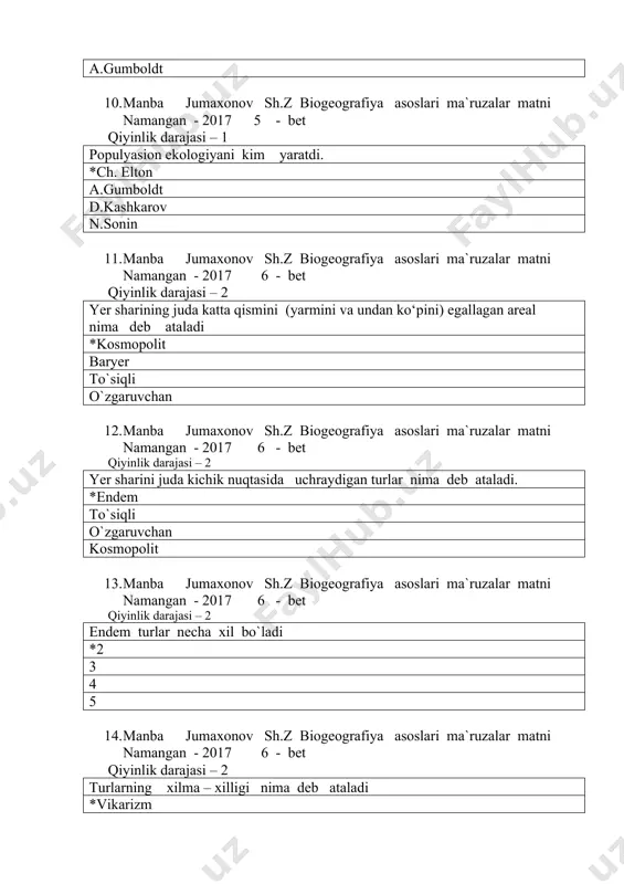 qiyinlik darajasi – 2 urug`larini suv yordamida tarqatuvchilar nima deb ataladi *gidroxor avtoxor animaxor euxoriya 18. manba jumaxonov sh.z biogeografiya asoslari ma`ruzalar matni namangan - 2017 8 - bet qiyinlik darajasi –2 urug`larini o`zi tarqatuvchilar nima deb ataladi *avtoxor animaxor gidroxor euxoriya 19. manba jumaxonov sh.z biogeografiya asoslari ma`ruzalar matni namangan - 2017 8 - bet qiyinlik darajasi – 2 urug`larini shamol yordamida tarqatuvchilar nima deb ataladi *animaxor avtoxtor gidroxor euxoriya 20. manba jumaxonov sh.z biogeografiya asoslari ma`ruzalar matni namangan - 2017 8 - bet qiyinlik darajasi – 3 xindi-xitoy, janubiy xitoy, janubiy sharqiy osiyo orollari kiradi.bu qaysi hudud *janubiy osiyo tropik markazi sharqiy osiyo markazi janubiy-g‘arbiy osiyo markazi o‘rta yer dengizi markazi 21. manba jumaxonov sh.z biogeografiya asoslari ma`ruzalar matni namangan - 2017 8 - bet qiyinlik darajasi – 3 sharqiy xitoy, korea yarim oroli, yaponiya, tayvan orollari va uzoq sharq. bu qaysi hudud *sharqiy osiyo markazi janubiy osiyo …