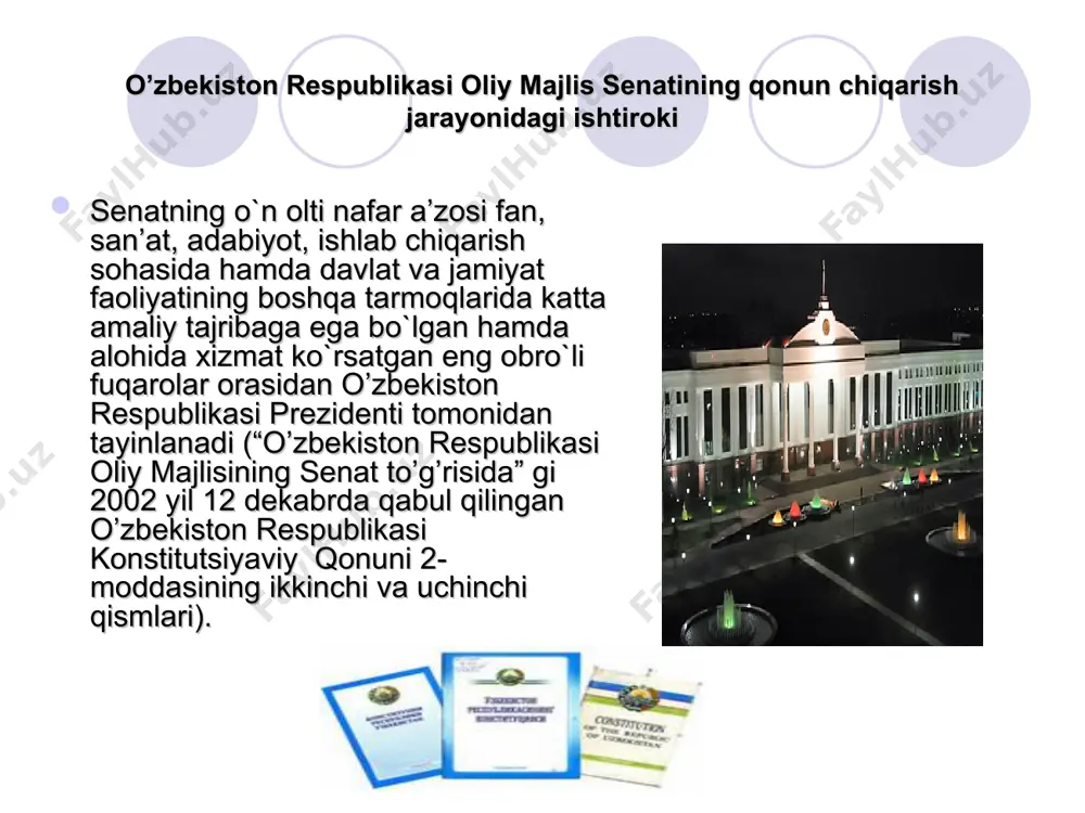 a chegaralarini o’zgartirish; o’zbekiston respublikasi vazirlar mahkamasining taqdimiga binoan o’zbekiston respublikasining davlat byudjetini qabul qilish; davlat mukofotlari va unvonlarini ta’sis etish; o’zbekiston respublikasi prezidentining vazirliklar, davlat qo’mitalari va boshqa davlat boshqaruv organlarini tuzish hamda tugatish to’g’risidagi farmonlarni tasdiqlash; o’zbekiston respublikasi markaziy saylov komissiyasini tuzish; o’zbekiston respublikasi oliy majlisining senati va qonunchilik palatasining birgalikdagi vakolatlari quyidagilardan iborat: o’zbekiston respublikasi hisob palatasining hisobotini ko’rib chiqish; o’zbekiston respublikasi prezidentining o’zbekiston respublikasiga hujum qilinganda yoki tajovuzdan bir-birini mudofaa qilish yuzasidan tuzilgan shartnoma majburiyatlarini bajarish zaruriyati tug’ilganda urush holati e’lon qilish to’g’risidagi farmonini tasdiqlash; o’zbekiston respublikasi prezidentining umumiy yoki qisman safarbarlik e’lon qilish, favqulotda holat joriy etish, uning amal qilishini uzaytirish yoki tugatish to’g’risidagi farmonlarini tasdiqlash; o’zbekiston respublikasining xalqaro shartnomalarini ratifikatsiya va denonsatsiya qilish to’g’risida qaror qabul qilish; ma’lumki, qonun loyihasining qonun darajasida shakllanish yo’li ancha murakkab bo’lib, loyiha qonunchilik tashabbusi huquqiga ega bo’lgan quyidagi subyektlarnining biri tomonidan parlament quyi palatasiga kiritilgan; o’zbekiston respublikasi oliy …