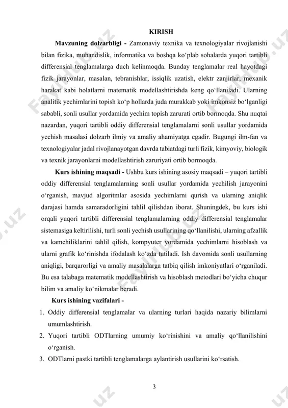 ibli oddiy differensial tenglamalar va ularni yechishda qo‘llaniladigan sonli usullar, algoritmlar, dasturlashtirish muhitlari va amaliy qo‘llanmalar kurs ishining obyektini tashkil etadi. kurs ishining predmeti - kurs ishining predmeti sifatida yuqori tartibli odtlar uchun mo‘ljallangan sonli algoritmlar, ularning matematik modeli, dasturlashtirish asosida yechimlarni olish jarayoni va natijalarni tahlil qilish keltiriladi. kurs ishining metodologik asosi - kurs ishi ilmiy-nazariy adabiyotlar, differensial tenglamalar nazariyasi, sonli usullar haqidagi ilmiy maqolalar, tajriba asosida olib borilgan hisob-kitoblar, shuningdek matlab, python yoki c++ dasturlash tillari asosida yaratilgan amaliy modellar tahliliga asoslanadi. kurs ishining amaliy ahamiyati - mazkur ish orqali differensial tenglamalarning sonli yechimlarini yaratish, ularni amaliy sohalarda qo‘llash, algoritmik yondashuv asosida turli fizik modellarni yaratish va ularni kompyuterda sinab ko‘rish imkoniyati yaratiladi. bu usullar ilmiy izlanishlar, texnik qurilmalarni modellashtirish va boshqarish tizimlarini yaratishda keng qo‘llanishi mumkin. kurs ishining tarkibiy tuzilishi va hajmi - mazkur kurs ishi kirish, ikki bob, sakkiz bo‘lim, xulosalar, foydalanilgan adabiyotlar ro‘yxatidan tashkil topgan. …