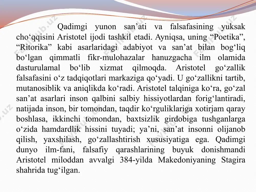 o‘ziga jalb etishi uchun turli hazil-mutoyiba so‘zlar bilan lirik chekinish qilib tinglovchilarni hayajonlantira bilishi zarurligini, agar turli ko‘rgazmali qurollardan foydalansa, har xil sifatlash, chog‘ishtirish va metaforalami qo‘llasa, nutqning ta’sirchanligi yanada oshishini uqtirib o‘tadi. aristotel notiqlik san’atini egallash uchun quyida keltirilgan beshta vazifani mukammal bajarishni tavsiya etadi: 1. nutq matnini kashf qilish. ya’ni og‘zaki ijro qilinadigan nutq matnini har tomondan chuqur o‘rganib chiqish. 2. nutq matnini mantiqan va mazmunan to‘g‘ri rejalashtirish. 3. matnni to‘liq eslab qolish. 4. matnni so‘z yordamida to‘g‘ri aks ettirish. 5. nutq matnidagi so‘zlarni to‘g‘ri talaffuz qilish. notiqlik san’atining buyuk namoyandasi mark tulliy sitseron ham ushbu beshta qoidaga alohida e’tibor beradi va o‘z asarlarida aristotel qarashlarini yanada rivojlantiradi: “notiqning barcha kuch va qobiliyatlari ushbu besh vazifani bajarishga xizmat qiladi; birinchidan, u o‘z nutqi uchun mazmun topishi zarur; ikkinchidan, topilgan ma’lumotlarni tartib bilan joylashtirishi; uchinchidan, bularning hammasini so‘z bilan o‘rashi va bezashi, kerak; to‘rtinchidan, nutqni xotirada mustahkamlab qo‘yish; beshinchidan, …