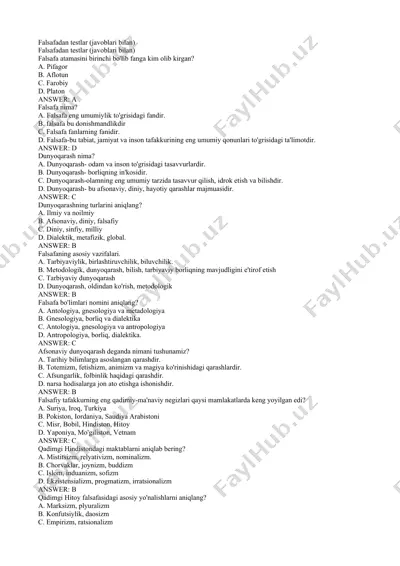 falsafadan testlar (javoblari bilan) — DOC