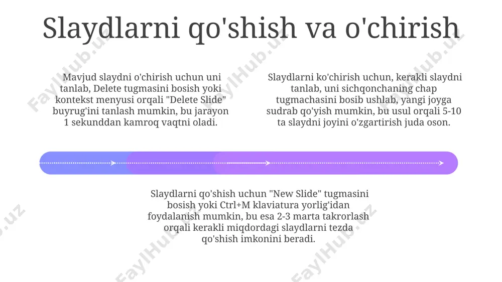 ezentatsiyani yanada oson o'qiladigan qiladi, shuningdek, qo'shimcha grafik elementlar bilan ortiqcha yuklanmaslikka yordam beradi. shakl va jadvallarni joylashtirishda ularning o'lchamlarini (masalan, 10x15 sm) aniq belgilash va matn bilan muvozanatni saqlash muhim, chunki bu tomoshabinlarning e'tiborini jalb qilishda yordam beradi. audio va video qo'shish add text add text add text add text add text add text video qo'shishda, taqdimotingizning umumiy hajmini nazorat qilish uchun video uzunligini 30 soniyagacha cheklash va hd emas, balki standart aniqlikdagi videolardan foydalanish tavsiya etiladi. taqdimotingizga audio va video qo'shganingizdan so'ng, ularning sinxronlashuvi va tovush balandligini tekshirib ko'ring. agar kerak bo'lsa, audio mikser yordamida tovush balandligini sozlang va video uzunligini qisqartiring. powerpoint’ga audio qo'shganda, fayl hajmini kamaytirish uchun mp3 kabi siqilgan audio formatlardan foydalaning, chunki bu taqdimotingizning yuklanish tezligini oshiradi va 10 mb dan oshmasligiga yordam beradi. animatsiya va o'tish effektlari 01 02 03 powerpoint’da 50 dan ortiq turli animatsiya effektlari mavjud bo'lib, ular ob'ektlarni ekranga paydo …
