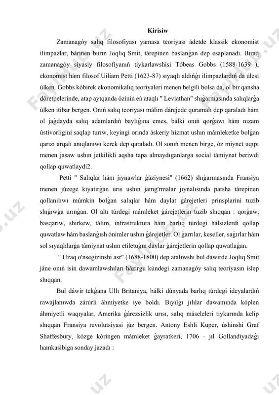 amerika ǵárezsizlik urısı, salıq máseleleri tiykarında kelip shıqqan fransiya revolutsiyasi júz bergen. antony eshli kuper, úshinshi graf shaffesbury, kózge kóringen mámleket ǵayratkeri, 1706 - jıl gollandiyadaǵı hamkasibiga sonday jazadı : 1. salıqlar haqqında túsinik salıqlar ulıwma alǵanda kópshilikke arnalǵan emes bolıp kórinedi, holbuki salıq sistemasınıń áhmiyeti hámmege ayan. eger kópshilik qarsılıǵın aldın olmoqchi bolsa, hár qanday qabıl etiletuǵın sistema olar tárepinen qollap quwatlanıwı kerek. ádalatsız salıq sisteması ótken zamanda júdá kóp tártipsizliklerdi keltirip shıǵarǵan. jıllar dawamında teoriyashılar ideyalarınıń úlken bólegin salıq sistemasınıń tiykarǵı principlerı qanday bolıwı kerekligini anıqlawǵa baǵıshlasqan. bul jerde ózin dúnya boylap tarqatıp atırǵan qúdiretli nur bar... bul ǵayrıtabiiy bıraq sóz hám bilim mudamıǵınan úlkenlew tezlikte tarqalıwı shárt. bul dáwir haqıyqıy ulamalar dáwiri edi, hám pánler yamasa kásipler arasında búgingi kungidek hesh qanday shegara bolmaǵan. sol sebepli, sol dáwirdiń aldıńǵı ilimpazları, john locke, david hume, joqlıq smith, edmund burke, jeremy bentham, thomas paine lar shıpaker, jurist, akademikalıq yamasa …
