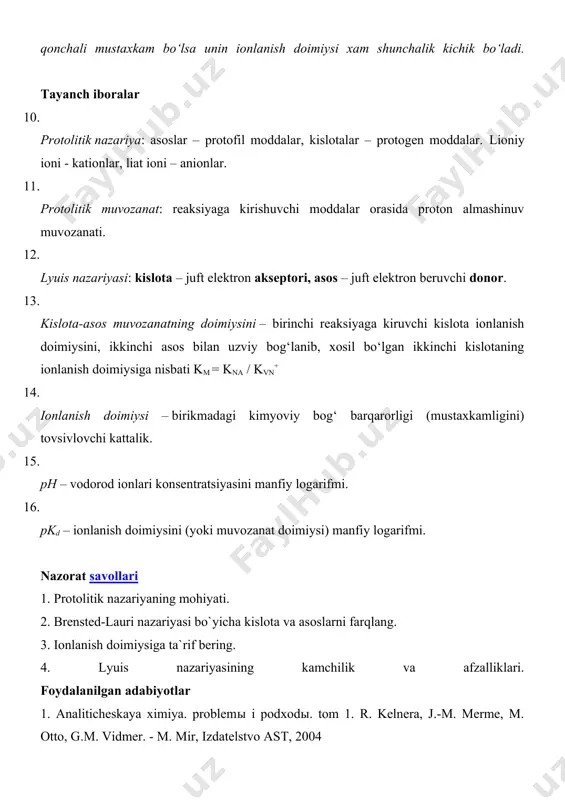 ini yorqin ifodasi bo‘lib, bir moddada ikki qarama-qarshi xususiyat jamlangananini qo‘rsatadi. amfolitlar sharoitga ko‘ra kislota yoki asosli xossani namoyon etishini 4-ma’ruzada ko‘rib chiqildi. amfolitlar – kuchsiz elektrolitlarga mansub bo‘lib, kuchsiz kislota-asos xossalariga ega. amfolitning kislota va asos shakllari orasidagi muvozanat xolati izoelektrik nuqta deb ataladi. amfolitning izoelektrik nuqtasidagi rn qiymati quyidacha xisoblanadi [h+]izo = √kkkw / ka phizo = ½ (pkk + pkw – pka) 5.4.1. amfoterlikni taxlilda qo‘llanishi. amfoterlik taxlilda keng qo‘llanadi masalan. iv gurux kationlari boshqa gurux katiolaridan amfoterlik xossalari asosida ajratiladi. eritmaning rn qiymati oshira borilsa avval al(oh)3 (ph=3-5) keyin zn(oh)2 (ph=6-8) cho‘kadi va so‘ngra ortiqcha ishqorda barcha amfoter gidroksidlar erib, tegishli amfoter kationlar cho‘kmadan eritmaga o‘tadi. tibbiyot va farmatsiyada organik amfolitlar muxim axamiyatga ega. misol: ph 9 phizo=6 amfolit aminokislotalar + + nh3 – ch2 – cooh ↔ nh3ch2coo- ↔ nh2ch2coo- ph 10 phizo =5,5 tayanch iboralar 1. gidrolitik muvozanat – gidroliz reaksiyasida qaror topgan muvozanat. …