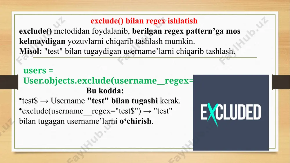ignorecase) → agar user-agent ichida "bot", "crawl", yoki "spider" so‘zi bo‘lsa, so‘rovni bloklaymiz. middleware orqali ip manzillarni tekshirish ba’zi hollarda faqat ma’lum ip manzillardan kelgan so‘rovlarni qabul qilish kerak bo‘ladi. buni regex yordamida middleware ichida amalga oshirish mumkin. misol: faqat 192.168.1.x dan kelgan ip’larni qabul qilish import re from django.http import jsonresponse class ipfiltermiddleware: def __init__(self, get_response): self.get_response = get_response def __call__(self, request): client_ip = request.meta.get("remote_addr", "") # 192.168.1.x ip'larini qabul qilish allowed_ip_pattern = r"^192\.168\.1\.\d+$" if not re.match(allowed_ip_pattern, client_ip): return jsonresponse({"error": "sizning ip manzilingizga ruxsat yo‘q!"}, status=403) response = self.get_response(request) return response 🔹 bu kodda: request.meta.get("remote_addr", "") → foydalanuvchi ip manzilini olamiz. ^192\.168\.1\.\d+$ → 192.168.1.x ko‘rinishidagi ip’lar ruxsat oladi. agar ip mos kelmasa, 403 (forbidden) qaytariladi. middleware orqali url ichidagi parametrlarni regex bilan tekshirish agar url’lar orqali kelayotgan parametrlar ma’lum bir shablon (pattern) ga mos kelishini tekshirmoqchi bo‘lsak, middleware dan foydalanishimiz mumkin. misol: url ichidagi order_id faqat raqam bo‘lishi kerak …