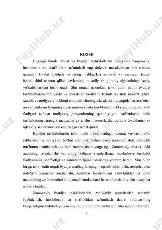 y normativ-huquqiy talablar va xalqaro standartlarga muvofiqligi tashkilot faoliyatining shaffofligini va moliyaviy barqarorligini ta’minlashga yordam beradi. dolzarb jihati shundaki, ichki auditning tizimli tashkil etilishi orqali moliyaviy nazorat samaradorligi oshadi, resurslardan ortiqcha yoki noto‘g‘ri foydalanish holatlari aniqlanadi va ularni bartaraf etish bo‘yicha amaliy tavsiyalar ishlab chiqiladi. kurs ishining ob’ekti - byudjet tashkilotlarining moliyaviy va operatsion faoliyati, ichki nazorat tizimi hamda uning tashkil etilish jarayoni tanlangan. predmeti esa ichki auditning maqsadi, vazifalari, metodologiyasi va amaliy qo‘llanilishi hisoblanadi. shu orqali ichki audit tizimi nafaqat nazorat vositasi, balki tashkilotning moliyaviy samaradorligini oshirish va risklarni kamaytirish mexanizmi sifatida o‘rganiladi. kurs ishining maqsadi - byudjet tashkilotlarida ichki audit tizimini tashkil etishning mohiyati, asosiy vazifalari va amaliy usullarini tahlil qilishdir. shu maqsadni amalga oshirish uchun quyidagi vazifalar belgilangan: 1. ichki audit tushunchasi, prinsiplari va ahamiyatini keng tahlil qilish; 2. byudjet tashkilotlarida ichki auditni tashkil etishning normativ-huquqiy va amaliy asoslarini o‘rganish; 3. ichki audit jarayonida qo‘llaniladigan metodlar va …