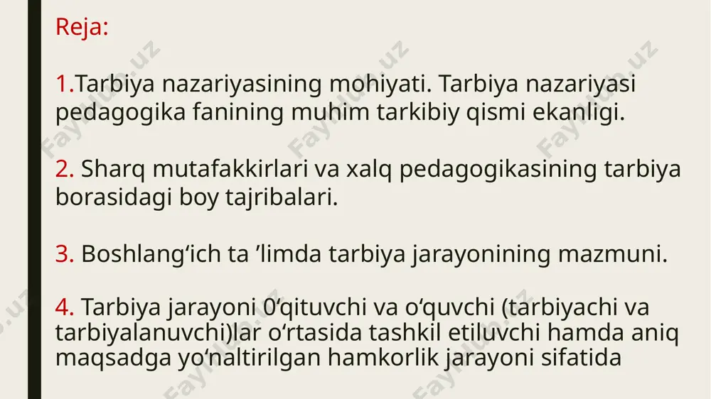 azifalar amalga oshiriladi. axloqiy tarbiyani tashkil etish jarayonidao‘quvchilarni ijtimoiy-axloqiy me'yorlar mazmunidan xabardor etish, ularga axloqiy me'yorlarning ijtimoiy hayotdagi ahamiyatini tushuntirish, ularda ijtimoiy-axloqiy me'yorlar (talab va ta'qiqlar)ga nisbatan hurmat hissini qaror toptirish asosida axloqiy ong va madaniyatni shakllantirish; aqliy tarbiyani yo‘lga qo‘yish chog‘idao‘quvchilarni ilm-fan, texnika va texnologiya borasida qo‘lga kiritilayotgan yutuqlar, yangilik va kashfiyotlardan boxabar etish, ularga ijtimoiy va tabiiy fanlar asoslari xususidagi bilimlarni berish tarzida tafakkurni shakllantirish, dunyoqarashini rivojlantirish; jismoniy tarbiyani tashkil etish jarayonidao‘quvchilarni o‘z sog‘liqlarini saqlash va mustahkamlash, organizmni chiniqtirish, jismoniy jihatdan to‘g‘ri rivojlanishi hamda uning ishchanlik qobiliyatini oshirish borasida g‘amxo‘rlik qilish tuyg‘usini yuzaga keltirish, ularda yangi harakat to‘rlari borasida ko‘nikma va malakalarni hosil qilish, ularni maxsus bilimlar bilan qurollantirish, o‘quvchilarning yoshi, jinsiga muvofiq keladigan (kuch, tezkorlik, chaqqonlik, chidamlilik, sabot, mehnat, chidam, iroda va xarakterni qaror toptirish) asosiy harakat sifatlarini rivojlantirish, ularda shaxsiy gigienani saqlashga nisbatan ongli munosabatlarni tarbiyalash; estetik tarbiyani olib borish jarayonidao‘quvchilarda estetik his-tuyg‘u, estetik didni tarbiyalash, …
