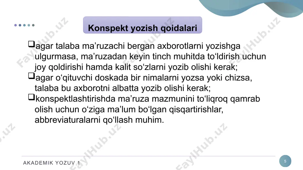 kt boshqa turiga erkin o‘tadi). aynan kombinatsiyalangan konspektda talabaning tayyorgarligi va o‘ziga xosligi namoyon bo‘ladi. akademik yozuv 1 19 konspektlashtirish usullari xotira xaritasi xotira xaritasi shaklida konspektlashtirish mashhur bo‘lmoqda. axborotni qayd qilish usulning muallifi – taniqli psixolog toni byuzen. jarayon shunday tarzda o‘tadi: chuqur emotsional taassurot hosil qiluvchi timsollar xaritasi tuziladi, bu materialni eslab qolish imkoniyatini oshiradi. bu metod an’anaviy konspektlashtirishga nisbatan kamroq harakat talab qiladi, chunki yozuvlar ijodiy va erkin tarzda olib boriladi. xotira xaritalarini tuzishda olingan ma’lumotlarning asosiy g‘oyalari qisqa, aniq, tushunarli bo‘lib, ular orasida mantiqiy bog‘liqlik seziladi. xaritalar hoxishingizga qarab o‘zgarishi mumkin, masalan, qaytarish orqali kengayishi mumkin. to‘g‘ri yo‘lga qo‘yilgan qaytarishlar xotirada o‘rganilganlarni oson va mustahkam saqlab qolish imkonini beradi. akademik yozuv 1 20 konspektlashtirish usullari xotira xaritasini tuzish jarayoni akademik yozuv 1 turli grafik vositalardan foydalaniladi (rasmlar, simvollar, strelkalar, turli shriftlar). ular rang-barang bo‘ladi. varroq gorizontal qo‘yiladi, shunda rasmga (konspekt) ko‘proq joy qoladi. varroqning markazida asosiy …