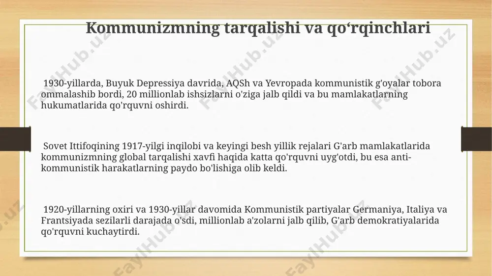 ini modernizatsiya qilish va yangi texnologiyalarni, jumladan, tanklar va samolyotlarni ishlab chiqarishga katta mablag' sarflashdi, ammo bu harakatlar yetarli emas edi. ikki jahon urushi oraligʻidagi yevropa mamlakatlari ispaniya fuqarolar urushi (1936-1939) yevropadagi yirik davlatlarning aralashuv maydoni bo'lib, fashist italiya va germaniya franko rejimi tomonidan, sssr esa respublika tarafini qo'llab-quvvatladi. 1930-yillardagi buyuk depressiya yevropaning ko'plab mamlakatlarida iqtisodiy inqirozlarni keltirib chiqardi, natijada milliy sotsialistik va fashist partiyalarning ommalashib ketishi kuzatildi, masalan, italiya va germaniyada. ikkinchi jahon urushi oraligʻida germaniya, versal shartnomasi shartlarini buzib, 1936-yilda reynlandiyani reokkupatsiya qildi, bu esa yevropada keskinlikning kuchayishiga va qurolanish poygasining boshlanishiga sabab bo'ldi. ikki jahon urushi oraligʻidagi qoʻshma shtatlar 1930-yillarda qoʻshma shtatlar, franklin d. ruzveltning "yangi kurs" siyosati bilan, ijtimoiy taʼminot dasturlarini, keng koʻlamli infratuzilma loyihalarini va milliy parklarni rivojlantirishni amalga oshirdi, shu bilan birga, 300 mingdan ortiq odamni ish bilan taʼminladi. qoʻshma shtatlar 1930-yillar davomida neytrallik siyosatini olib bordi, ammo yaponiyaning pearl-harbordagi hujumidan keyin, 1941-yil dekabr …