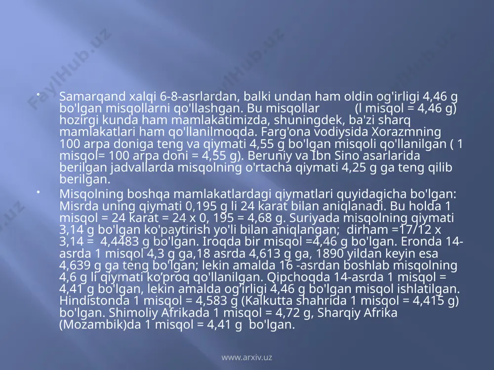 a o'lchamli 1 qafiz = 48,75 kg ga yoki 60 litr hajmga teng bo'lsa, u holda kichik o'lchamli 1 qafiz 4,375 kg ga, hajmi bo'yicha esa 30 litr ga teng ekan. 10- asrda eron va o'rta osiyoning ba'zi viloyatlarida 1 qafiz 56,9 kg bug'doyga, demak 74 litr hajmga teng bo'lgan. 10-asrda xorazmda 1 qafiz taxminan 7,7 kg bug'doyga, demak 10 litr hajmga teng bo'lgan. ammonda 1 qafiz = 112 qaylaja =3,15 1 hajmga, tunisda (1330) 1 qafiz =202,176 1 hajmga ega bo'lgan. www.arxiv.uz botmon (o'zbekcha) - l) o'zbekistonning turli yerlarida (xorazmdan boshqa) ikki puddan 11 pudgacha (1 pud-16,38 kg) bo'lgan og'irlik o'lchovi. 2). xiva xonligida bir botmon 4411 misqolga barobar keluvchi og'irlik o'lchovi; 3). taxminan 1 desyatinaga teng bo'lgan n. ahrorovning kitobida: "botmon, mann ( arabcha ) og'irlik o'lchov birligi; yaqin va o'rta sharq mamlakatlarida, o’rta osiyoda qo'llanilib kelgan. respublikaning ko'p viloyatlarida mann bilan bir xil qiymatga ega bo'lgani uchun …