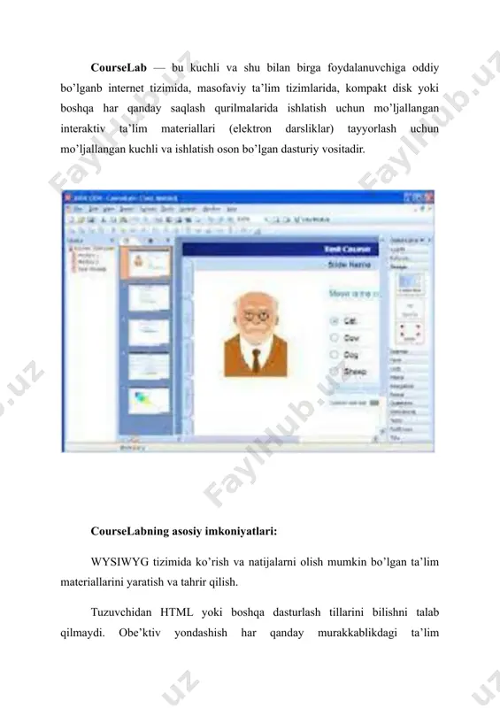 qarab modular bo‘limlarga birlashishi mumkin. o‘z navbatida bo‘limlar ham iyerarxik ravishda kattaroq birliklarga birlashishi mumkin. o‘quv moduli – kurs iyerarxiyasining asosiy birligi bo‘lib, slaydlarning ketma-ketligidan iborat. ta‘lim tizimi davomida o‘quvchilar slayddan slaydga ketma-ket ravishda o‘tib boradilar. odatda slaydlarni o‘rganish muallif tomonidanbelgilangan ketma-ketlikda olib boriladi, lekin testlar natijalariga qarab slaydlar ketma-ketligi o‘zgarishi mumkin. 4-rasm. modullar oynasi ta‘lim moduli ham o‘qish uchun, ham olingan bilimlar nazorati uchun mo‘ljallangan bo‘lishi mumkin. o‘quv va nazorat materiallari odatda modulda birlashtiriladi: bunda o‘quv materiali yakunida o‘quvchi shu modulda testdan o‘tadi. xulosa bo’lim courselab yordamida yaratilgan o‘quv kurslari modular ularni tematik birlashtiradigan bo‘limlarga birlashtirilishi mumkin. masofaviy ta‘lim tizimida bo‘lim odatda o‘zida modul va boshqa bo‘limlarni birlashtiradigan papka sifatida ko‘rsatiladi. bo‘lim – masofaviy ta‘lim tizimida faqat tuzilishi birligi hisoblanadi – o‘zining holati haqida o‘quv modullaridan hech qanday ma‘lumot olmaydi va tizim bo‘limga unga kiruvchi modular holatiga qarab o‘zgartirishlar kiritiladi. metodistik nuqtai nazaridan bo‘lim tematik birlashtirilgan ma‘ruza va darslar …