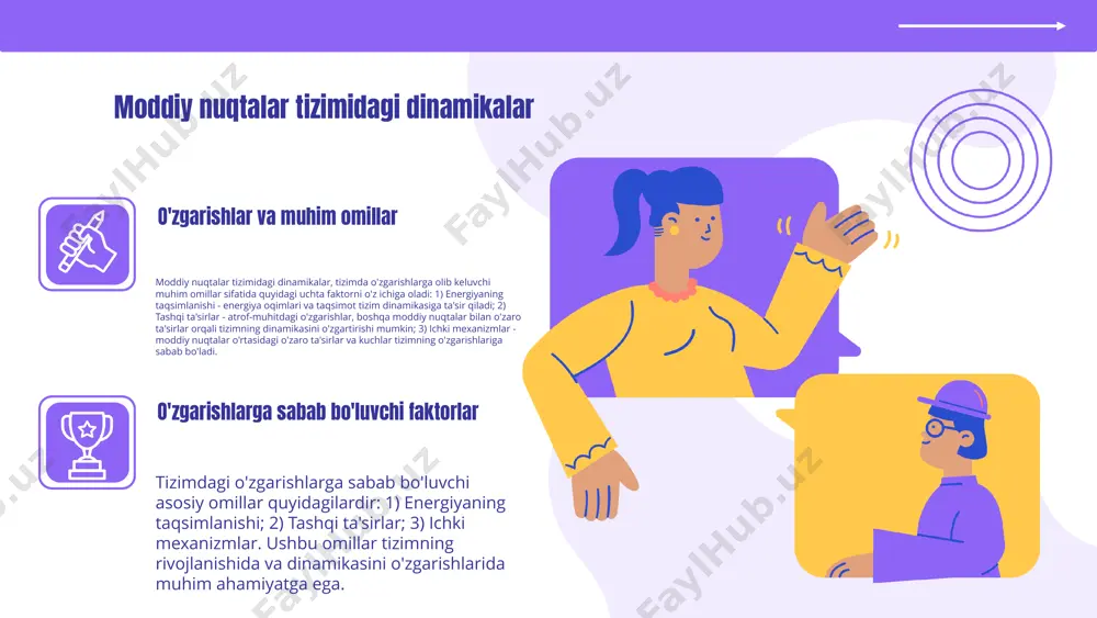 larni samarali taqsimlashni ta'minlaydi. - tizimda kutilmagan vaziyatlarga tezkor javob berish imkonini yaratadi. misollar: 1. tabiiy ekologik tizimlarda o'zaro ta'sirlar va ularning muvozanatini saqlash. 2. iqtisodiy tizimlarda talab va taklif o'rtasidagi dinamik munosabatlar. 3. texnologik tizimlarda innovatsiyalar va ularning bozorda ta'siri. xulosa asosiy xulosa moddiy nuqtalar o'rtasidagi ta'sir tizimni shakllantiradi. barqarorlik va dinamik jarayonlarning bog'liqligi tizimning ishlashi uchun muhimdir. o'zgarishlarni tahlil qilish usullari tizimning prognozlarini aniqlashda yordam beradi. kelajakdagi yo'nalishlar moddiy nuqtalar tizimidagi dinamik jarayonlarni chuqurroq o'rganish zarur. innovatsion tahlil usullarini qo'llash orqali barqarorlikni oshirish imkoniyatlari mavjud. tizimga ta'sir etuvchi omillarni aniqlash va kamaytirish uchun yangi strategiyalar ishlab chiqilishi kerak. muqaddima dinamik jarayonlar va moddiy nuqtalar o'rtasidagi bog'liqlik tizim samaradorligini oshirishga yordam beradi. o'zaro ta'sir va barqarorlik tushunchalari ilmiy tadqiqotlar va amaliyotda muhim ahamiyatga ega. e'tiboringiz uchun rahmat! image1.png image3.png image4.png image5.png image2.png image6.png image7.png image8.png image9.png image10.png image14.png image15.png image16.png image17.png image19.png