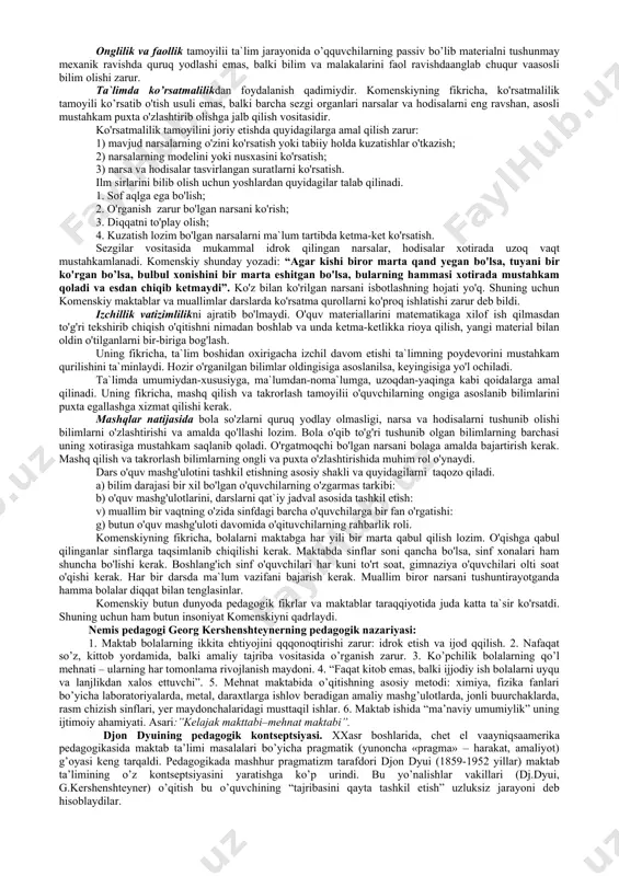 u yoki bu fanlarni o'rganish va ta'lim berishning nazariy asoslarini belgilaydi. har bir o'qituvchi didaktika asoslarini puxta bilishi va ularga tayangan holda faoliyatni tashkil etishi zarur. didaktika predmetini aniqlash bo'yicha turli qarashlar ilgari surilgan. qarashlarning turlicha bo'lishi didaktikaning metodologik kategoriyalarini aniq ajratilmaganligi bilan bog’liq. ko'pchilik olimlar ta'lim obyekti deb o'qitish jarayonining maqsadi, mazmuni, qonuniyatlari, metodlari va tamoyillarini ko'rsatadilar. didaktika ta'limni ijtimoiy tajriba berish vositasi sifatida e'tirof etadi. ta'lim yordamida yoshlarni hayotga tayyorlash amalga oshiriladi. ta'limiy faoliyatni tashkil etishda o'qituvchi - o'quvchi, o'quvchi - o'quv materiali, o'quvchi - boshqa o'quvchilar o'rtasidagi munosabatlar yuzaga keladi. pedagogik adabiyotlarda ulardan qaysi biri didaktika uchun asosiy hisoblanishi kerakligi borasida ham turli fikrlar keltiriladi hamda o'quvchining o'quv materialiga bo'lgan munosabati, ya'ni, bilimlarni o'rganish munosabatini asosiy deb e'tirof etuvchi qarashlar soni nisbatan ko'p. darhaqiqat, o'qish, o'rganish ta'lim jarayonining ajralmas xususiyatidir. ta'limga psixologiya nuqtayi nazaridan yondashilsa, ushbu munosabatning ustuvorligiga shubha qolmaydi. biroq, ta'limga pedagogik, ya'ni, ijtimoiy tajribani berish, …