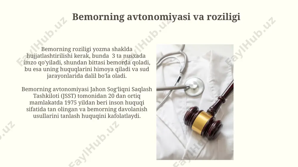 i o'z ichiga oladi va 20 million evrodan ortiq jarima qo'llash imkoniyatini beradi. jahon sog'liqni saqlash tashkilotining (jsst) 2020 yildagi ma'lumotlariga ko'ra, 50 dan ortiq mamlakatda bemorlarning tibbiy ma'lumotlarini himoya qilish bo'yicha qonunlar mavjud, ammo ularning samaradorligi turlicha. hayot va o'lim masalalari toshkentdagi respublika klinik shifoxonasida 2005-yildan buyon bioetika bo'yicha maxsus o'quv kurslari o'tkazilib, 500 dan ortiq shifokor va tibbiyot xodimlarini qamrab oldi. 1990-yillarda o'zbekistonda hayot va o'lim masalalari bo'yicha 30 dan ortiq tibbiyot mutaxassislari ishtirok etgan bir qancha milliy konferentsiyalar o'tkazildi, bu esa mamlakat sog'liqni saqlash siyosatiga sezilarli ta'sir ko'rsatdi. reproduktiv texnologiyalar va axloq aqshning baʼzi shtatlarida genetik skrining va embrion tanlash imkoniyati mavjud boʻlib, bu esa axloqiy muammolarni, xususan, “ideal” xususiyatlarga ega bolaning tugʻilishiga boʻlgan intilish va genetik kamchiliklarga ega embrionlarning taqdiriga nisbatan qarashlarni keltirib chiqarmoqda. jahon sogʻliqni saqlash tashkiloti (jsst) maʼlumotlariga koʻra, dunyoning 30 dan ortiq davlatida surrogat onalik qonuniylashtirilgan, biroq bu amaliyotning axloqiy jihatlari, ayniqsa, tugʻilgan …