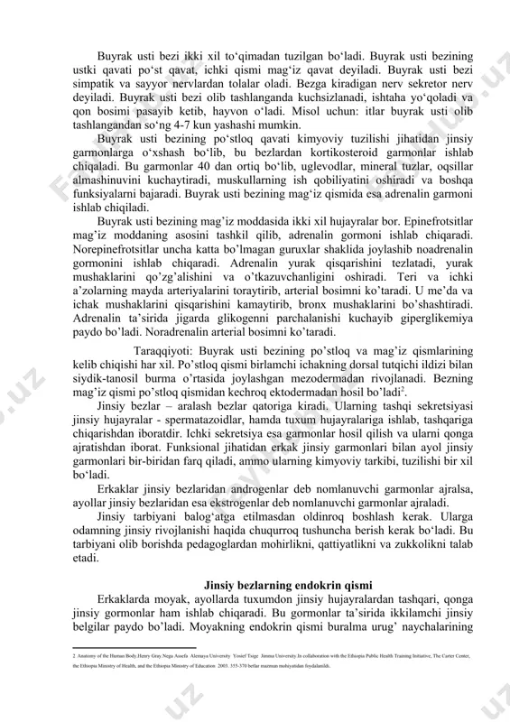 di. bu gormon suyak to’qimani parchalanishi va kaltsiyni qonga chiqishini ta’minlaydi. paratgormon ikki qismdan iborat bo’lib: birinchi qismi fosforni buyrak orqali ajralib chiqishini, ikkinchi qismi kaltsiyni to’qimalarda to’planishini boshqaradi. shuning uchun bu gormon ko’p ishlab chiqarilsa qonda qaltsiyni miqdori oshadi. shu bilan birgalikda qonda fosforni miqdori kamayadi. paratgormon kaltsitonin va vitamin d bilan birgalikda organizmdagi kaltsiy almashinuvini ta’minlaydi[footnoteref:1]. [1: anatomy of the human body.henry gray.nega assefa alemaya university yosief tsige jimma university.in collaboration with the ethiopia public health training initiative, the carter center, the ethiopia ministry of health, and the ethiopia ministry of education 2003. 450-470 betlar mazmun mohiyatidan foydalanildi. ] me’da osti bezi - aralash bezlar jumlasiga kiradi. ovqat hazm qilish jarayonida qatnashuvchi fermentlarni shira shaklida o‘nikkibarmoqli ichakka ajratsa, shu bilan birga bu bezda garmon ishlab chiqaruvchi maxsus hujayra tuzilmalari bo‘ladi. bu tuzilmalar insulin deb nomlanuvchi garmonlarni qon tomirlarga ajratadi. insulin garmoni asosan organizmda uglevod moddalari muvozanatini saqlashda ishtirok …