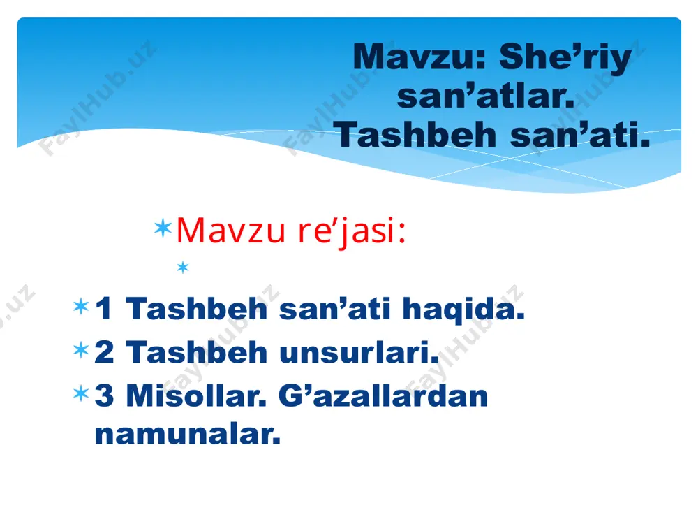 ko’rmaydur misoli, nechukkim kinosiz el ko’ngil xoli g’azal g’azal (arabcha-ayolni sevish, unga oshiqona munosabatda bo’lish)- sharq adabiyotida eng keng tarqalgan lirik janr “g’azal” atamasi dastlab 6-7 asrlarda arab she’riyatida paydo bo’lgan. so’ng o’rta osiyo va sharq xalqlari adabiyotlariga o’tib, 10-asrda forsiy adabiyotga kirib kelgan.hajmi 3 baytdan 19 baytgacha qilib belgilangan. lekin 21, hatto 27 baytli g’azal namunasi ham uchraydi. g’azal aa, ba, va, ga, da va h.k tarzda qofiyalanadi, boshdan oxir bir xil vaznda yoziladi. ilk bayti matla’ yoki mabda’, oxirgisi maqta’ deb ataladi. agar ikkinchi baytning misralari ham o’zaro qofiyalansa, zebi matla’ yoki husni matla’ deyiladi. g’azalning paydo bo’lishi va rivojlanishi musiqa san’ati bilan chambarchas bog’liq. dastlab g’azaalga taxallus qo’yilmagan, bu keyinchalik an’anaga aylangan/ g’azal va uning turlari musalsal g’azal- tarkibida lirik voqea va kechinmalar satrlar silsilasida darajama-daraja(tadrijiy) rivojlanish xususiyatiga ega bo’lgan g’azal. bu g’azallarning eng oliy navidir. misol: a.navoiy “ishq o’ti- azal qismati” (jong’a chun dermen…”), “yordin ayru …