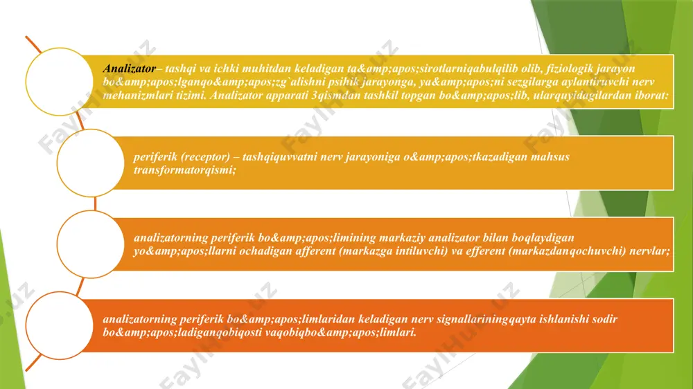 dagi ba'zi voqealarni ko'rgandagiga nisbatan, ularning mazmunini eshitganida to'liqroq tushuncha oladi. masalan, odam biror spektaklni televizordan ovozsiz tomosha qilganda olgan tushunchasiga nisbatan shu spektaklning mazmunini radio orqali eshitganida to'liqroq tushunchaga ega bo'ladi. ta'm bilish sezgilari shirin, achchiq, nordon, sho'r singari mazalarni his qilish bilan tavsiflanadi. ta'm bilish sezgilarining organi tilning yuzasi va tanglayning yumshoq qismidan tashkil topgan. ta'm bilish so'rg`ichlari til yuzasida bir tekis taqsimlanmaganligi uchun uning orqa qismi achchiqni, uchi shirin mazani, chetlari esa nordon mazani sezadi. hid bilish sezgilari burun bo'shlig'i shilliq pardasida joylashgan. bu xususiyat yordamida biz atrof-muhit havosining toza va itlosligini, iste'mol qilinadigan taomlar va ichimliklarni hidiga qarab ularning sifatini, iste'mol qilish mumkin yoki mumkin emasligini aniqlaymiz. hayvonlarda hid bilish sezgisi odamlardagiga nisbatan yaxshiroq rivojlangan. shu xususiyatiga ko'ra ular ovqat izlab topadi, dushman yaqinlashayotganini sezadi. muskul-harakat sezgilari motor sezgilar deb nomlanib, ularga og`irlikni, qarshilikni, organlar harakatini bilish sezgilari kiradi. ularning organlari–gavda muskullari, paylar, bo‘g`imlardan iboratdir. organlarning …