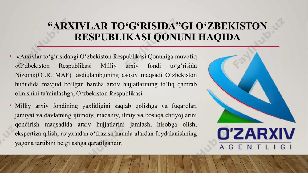 rxiv hujjatlari : davlat hokimiyati va boshqaruvining oliy, respublika va mahalliy, fuqarolarning o‘z o‘zini boshqarish organlari, prokuraturalar, sudlar, banklarning ; sanoat, transport, aloqa, kapital qurilish, qishloq xo‘jaligi va xalq xo`jaligining boshqa tarmoqlari, fan, xalq talimi, madaniyat sohasidagi davlat korxonalari, muassasalari, tashkilotlar va birlashmalarning ; ustav kapitalida davlat mulki bo‘lgan aralash mulkchilik shakllaridagi korxonalar, tashkilotlar va birlashmalarning ; vatanimizning chet elda bo‘lgan va (yoki) chet eldagi davlat korxonalari, muassasalari, tashkilotlari va birlashmalarining faoliyatida paydo bo‘lgan arxiv hujjatlari ; xulosa o’zr maf davlat va nodavlat arxiv fondlaridan tashkil topadi. davlat arxivlarida va davlatning boshqa hujjatxonalarida doimiy saqlanayotgan hujjatlar, shuningdek davlat hokimiyati va boshqaruv organlarida, prokuraturalarda, sudlar, davlat korxonalari, muassasalari va tashkilotlarida, banklarda, o’zr vakolatxonalari va konsullik muassasalarida vaqtincha saqlanayotgan hujjatlari davlat davlat arxiv fondini tashkil qiladi. nodavlat yuridik shaxslarning faoliyati natijasida to’plangan arxiv hujjatlari, shuningdek fuqarolarning shaxsiy arxivlari nodavlat arxiv fondini tashkil etadi.hujjatlarni o’zr mafga kiritish yoki hujjatlarni undan chiqarish ekspert komissiyasining …