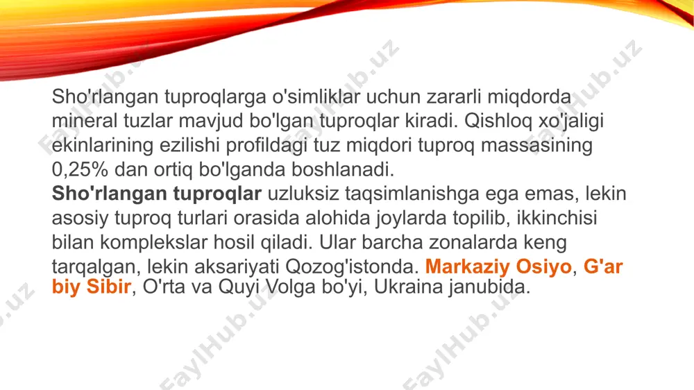 iladi. bog'larni yuqori, kamroq sho'r suv qatlami bilan sug'orish uchun sug'orish nasoslarini o'rnatish kerak. ikkilamchi sho'rlanishni oldini olish uchun to'shaklarni kamdan-kam sug'orish kerak, lekin mo'l-ko'l, tuproqni chuqur namlash. yuzaki sug'orish zararli, chunki tuproqning yuqori qatlamiga namlangan suv tezda bug'lanadi va u erda barcha tuzlar qoladi. bu tuproqni majburiy yumshatish bilan kamdan-kam va mo'l-ko'l sug'orish degan ma'noni anglatadi. sho'rlangan joylarda har yili chirindi, go'ng, kompost shaklida organik o'g'itlarni qo'llash kerak. organik moddalar bu kasallikni davolashga qodir (tuz cho'kmasi). oddiy go'ng o'z ichiga oladi to'liq to'plam unumdorlikni tiklaydigan elementlar: tuproqqa ko'p tomonlama ta'sir ko'rsatadigan stimulyatorlar, fermentlar, vitaminlar, mikroorganizmlar, buning natijasida atrof-muhitning reaktsiyasi o'zgarishiga qarshilik ko'rsatish qobiliyati tiklanadi, og'ir yopishqoq tuproqlar yengillashadi, qumli tuproqlar. bog'langan. tuproq havoni optimal ushlab turish qobiliyatiga ega bo'lgan mayda maydalangan tuzilishga ega bo'ladi, aniqrog'i, tiklaydi. sho'rlanishga qarshi kurashning asosiy vositalaridan biri kuzgi qazish uchun gipsni kiritishdir. tuproqqa kiritilgan gips, qurilish emas, balki tabiiy, karerli (har yuz kvadrat metrga …