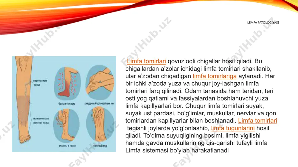 lar tizimi mavjud. yuqori kovak vena gavdaning yuqori yarmi (bosh, boʻyin, qoʻl va koʻkrak)dan yurakka qon keltiradi, pastki kovak vena gavdaning pastki yarmi (oyoq, chanoq, yonbosh, qorin boʻshligʻidagi juft aʼzolar va jigar)dan yurakka qon oʻtkazadi; darvoza (qopqa) vena qorin boʻshligʻidagi (jigardan boshqa) toq aʼzolardan jigarga venoz qon keltiradi va jigardan tozalanib chiqqan qon pastki kovak venaga, gavdaning hamma qismidan keladigan qon esa yurakning oʻng boʻlmasiga quyiladi. kislorodi kamaygan, toʻqimalarda moddalar almashinuvida hosil boʻlgan chiqindilar, karbonat angidrid (so2) bilan toʻyingan (venoz) qon kovak venalar orqali yurakka boradi. patognezi qorin bo'shlig'ida, katta bo'g'imlarda (son, tizza) operatsiyalar;- vena orqali tez-tez ukol olish ;- uzoq yotoq rejimi;- suyak sinishi, qon tomir yorilishi;- boshqa kasalliklar tufayli (vaskulit, yurak ishemik kasalligi);-samolyotda uzoq sayohat, avtomobilda uzoq sayohatlar;- ortiqcha vazn;- xavfli o'smalar mavjudligi;- homiladorlik;- ba'zi dorilarni qabul qilish.undefined image3.jpg image4.jpg image5.jpg image1.png /docprops/thumbnail.jpeg