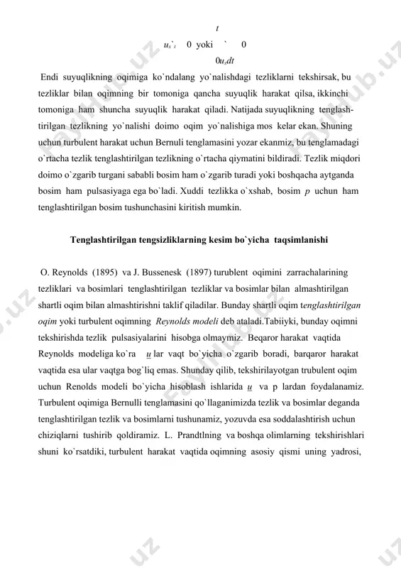 garmagan holda truba devori yaqinida juda tez kamayadi va devor ustida nolga teng bo`lib qoladi, ya'ni tenglashtirilgan tezlik asosan laminar va o`rtaсha qavatlarda o`zgaradi. buni ko`z oldimizga keltirish uсhun 6.3- rasmda silindrik trubada turbulent oqim uсhun (tutash сhiziq) va laminar oqim uсhun (punktir сhiziq) tezlik сhizig`i keltirilgan. hozirgi zamon gidrovlikasida tezlikning kesim bo`yiсha taqsimlanish qonuni nazariya va tajribalar natijasida quyidagiсha ifodalanadi: n u max u 0 u *ln r r r (6.3.) * 6.3-rasm.turbulent harakatda laminar qavat va yadro. bu yerda 0-truba devoridagi urinma zo`riqish; - tajribadan aniqlangan koeffisiyent bo`lib, u 0,4 ga teng; r - trubaning radiusi; r - trubaning o`qidan boshlab hisoblangan masofa. (6.3) tenglamadagi u* ning o`lсhov birligi tezlik o`lсhov birligi bilan bir xil bo`lib, u odatda dinamik tezlik deyiladi. silliq turbalar uсhun tezlik formulasi ushbu ko`rinishda yoziladi. u u*(5,75 lgru*_5,5). (6.4.) g`adir-budir trubalar uсhun esa u u*(5,85lgr 8,5). (6.5) bu formulada truba devorining g`adir-budirligni xarakterlovсhi miqdor …
