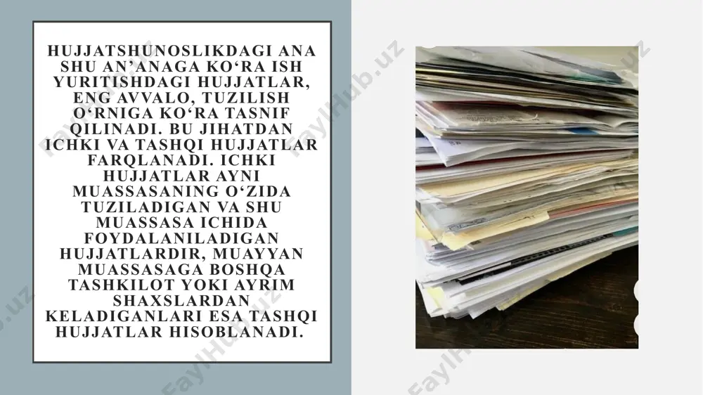 qismlarining to‘liq ro‘yxati quyidagicha: 1. o‘zbekiston respublikasi davlat gerbi. 2. tashkilot yoki korxonaning ramziy belgisi (emblemasi). 3. mukofot tasviri. 4. vazirlik yoki yuqori idoraning nomi. 5. muassasa, tashkilot yoki korxonaning nomi. 6. tarkibiy tarmoqning nomi. 7. aloqa muassasasining shartli raqami (indeksi), tashkilot yoki korxona manzili, telefon raqami, faks raqami, elektron pochta manzili, rasmiy vebsayti, bankdagi hisobraqami. 8. matn sarlavhasi. 9. sana. 10. shartli raqam. 11. keladigan hujjatlarning sanasi va shartli raqamiga havola. 12. tuzilgan yoki nashr qilingan joyi. 13. hujjatni oluvchi (adresat). 14. tasdiqlash ustxati. 15. munosabat belgisi (rezolyutsiya). 16. hujjat turining nomi. 17. nazorat haqida qayd. 18. matn. 19. ilova mavjudligi haqidagi qayd. 20. imzo yoki elektron raqamli imzo. 21. kelishuv ustxati. 22. rozilik belgisi (viza). 23. muhr. 24. nusxaning tasdiqlanishi haqidagi qayd. 25. ijrochining familiyasi va telefon raqami. 26. hujjatning bajarilganligi va uni hujjatlar yig‘majildiga yo‘naltirilganligi haqidagi qayd. 27. kompyuterga ko‘chirilganligi haqidagi qayd. 28. hujjat kelib tushganligi haqida …