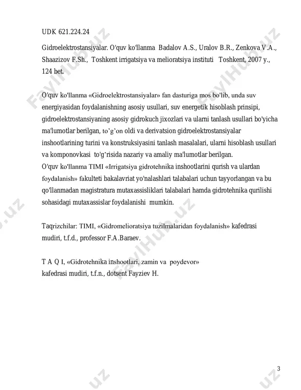 ensialining faqatgina 26% o'zlashtirilgan holos. gidroelektrostansiyalarda olingan arzon elektroenergiya respublikamiz energiya ta'minotini oshirishiga omil bo'ladi. gidroenergetik qurilishidagi keng ko'lamdagi rejalarni tadbiq etish masalalarini yechish, suv energiyasidan foydalanish sohasida yetarli bilimga ega bo'lgan, o'zbekiston xakq xo'jaligi uchun ko’proq iqtisodiy samara beruvchi qulay yechimlarni topa oluvchi mutaxassislar bilan amalga oshirish mumkin. qo’llanmada suv energiyasidan foydalanishning asosiy masalalari keltirilgan, asosiy gidrokuch jihozlarini tanlash uchun kerak bo'lgan ges larning asosiy parametrlarini belgilaydigan suv energetik hisoblar yoritilgan. ges inshoatlaridan derivatsion va turbina suv o'tkazgichlari, bosimli hovuz, gidroelektrostansiya binosi ko'rib chiqilgan. o’quv qo’llanmani tayyorlashda mashhur chet el adabiyotlaridan foydalanilgan. ushbu o’quv qo’llanmadan «suv energiyasidan foydalanish», «irrigatsiya tarmoqlari suv energiyasidan foydalanish» va «gidromashinalar» fanlarini o'zlashtirishda foydalansa bo'ladi. 6 1-bob. o'zbekiston gidroenergetikasi 1.1. tarihi va rivojlanish bosqichlari ma'lumotlarga ko'ra 2020 yilga kelib yer yuzasida yashaydigan aholi 8 mlrd.ni tashkil qilishi mumkin ekan, bu o'z navbatida hozirgi kunda ishlab chiqarilayotgan elektroenergiyani yana taxminan 50 % ga oshirishni talab qiladi. …