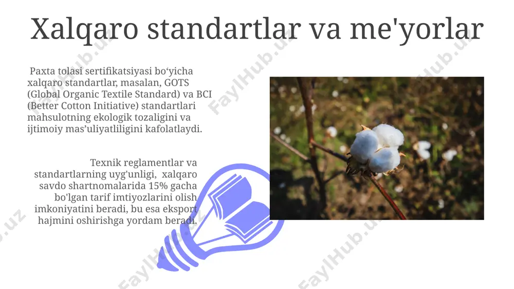 a talabning ortishi sertifikatlash tizimlarini yanada rivojlanishiga turtki bo'ladi. paxta tolasi sertifikatlash bozori kelgusi 5 yilda 15% ga o'sishi va 2030 yilga kelib 5 milliard dollarga yetishi kutilmoqda. ekologik toza paxta yetishtirish ekologik toza paxta yetishtirishda suv iste’moli miqdori an’anaviy usullarga nisbatan 20-30% ga kamayishi mumkin, bu esa suv resurslarini tejashga yordam beradi. sertifikatlangan ekologik toza paxta hosildorligi, to’g’ri agrotexnika tadbirlari qo’llanilganda, gektariga 25-35 sentnergacha yetishi mumkin. bozorga chiqish imkoniyatlari 01 02 global bozorda sertifikatlangan paxtaga talab yiliga 15% ga o'sib bormoqda, bu esa paxta yetishtiruvchilar uchun katta miqdordagi buyurtmalarni jalb qilish imkonini beradi. sales 1st qtr 2nd qtr 100 0 sales 1st qtr 2nd qtr 100 0 e'tiboringiz uchun rahmat @taqdimot_robot image4.jpg image5.jpg image6.jpg image7.jpg image8.jpg image9.jpg image10.jpg image11.jpg image12.jpg image13.jpg image14.jpg image15.jpg image1.jpeg image2.jpeg image3.jpeg