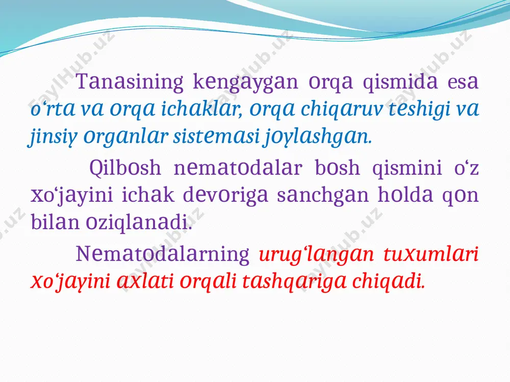 ikki jildlik monografiyasini yaratdi. bu tipga faqat bitta-tikanboshlilar (acanthocephala) sinfi kiradi. akantotsefalalarning gavdasi ipsimon, silindrsimon, qopsimon va ovalsimon ko‘rinishda bo‘lib, kattaligi 1,5 mm dan 68 sm gacha (macracanthorhynchus hirudinaceus) boradi. akantotsefalalar ayrim jinsli, odatda urg‘ochilari yirik, xartumlari yaxshi rivojlangan. akantotsefalalar biogelmintlar bo‘lib, bunda umurtqali hayvonlar asosiy xo‘jayin, umurtqasiz hayvonlar (mollyuskalar, qisqichbaqasimonlar, hasharotlar) esa oraliq xo‘jayinlar hisoblanadi. ular nihoyatda serpusht bo‘lib, bitta urg‘ochi parazit bir sutkada 580 mingtagacha tuxum qo‘yishi mumkin. bu sinfning eng keng tarqalgan turlaridan biri cho‘chqada parazitlik qiladigan gigant tikanbosh makrakantorinx bo‘lib, u uy va yovvoyi cho‘chqa, burunduq, olmaxon va krotlar ingichka ichaklarida parazitlik qiladi. makrakantorinxus asosan, g‘arb mamlakatlarida, mdh ning yevropa qismida va uzoq sharqda tarqalgan. ayrim xo‘jaliklarda makrakantorinxoz qo‘zg‘atuvchisi bilan cho‘chqalar 100 % gacha kasallanishi mumkin. kasallangan cho‘chqalarning taxminan uchdan bir qismi halok bo‘ladi. makrakantorinxusning oraliq xo‘jayinlari may qo‘ng‘izlaridan-melolontha hippocastani, tilla qo‘ng‘izlardan ustonia anrota va ziocola orvitarsis, shoxli qo‘ng‘iz va go‘ng qo‘ng‘izlarining lichinkalari, g‘umbaklari va voyaga …